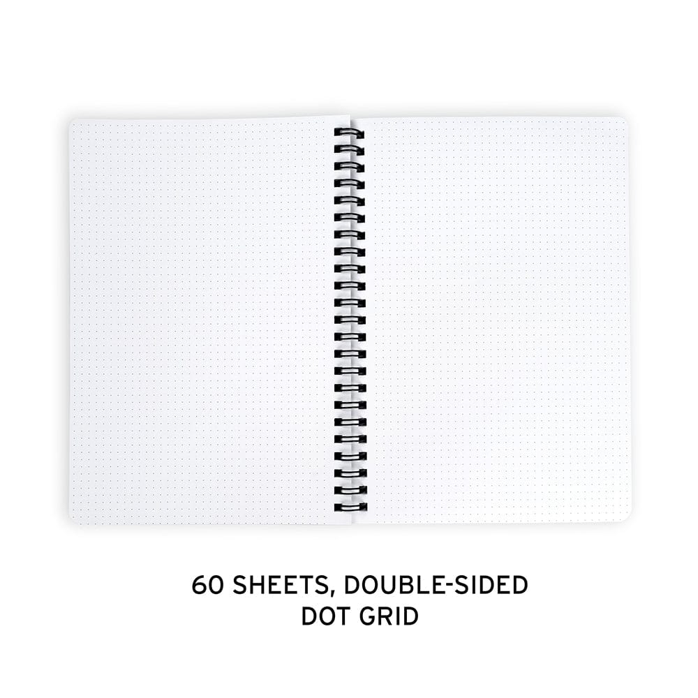 A spiral bound journal that is open to show dot grid pages. The image states that the journal includes 60-sheets and has double-sided dot grid pages