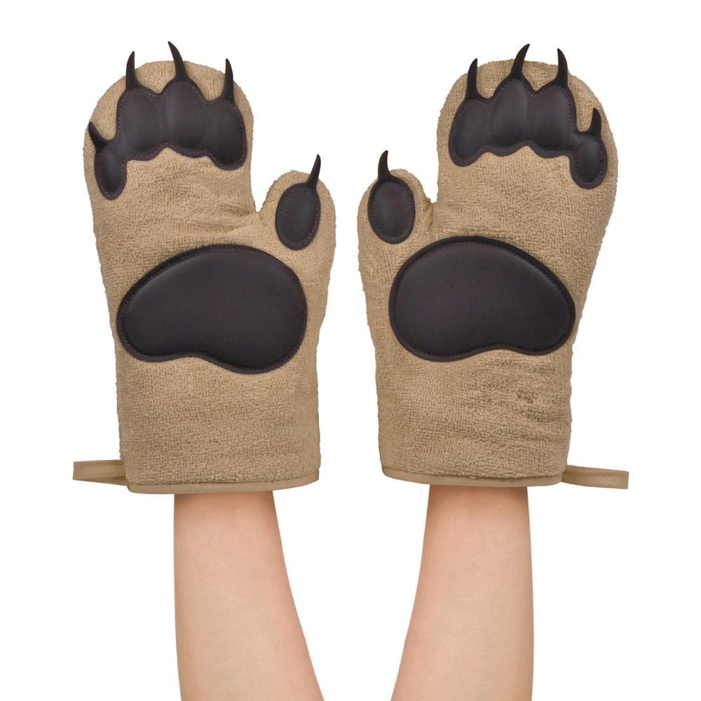 Pair of bear paw-shaped oven mitts on a white background