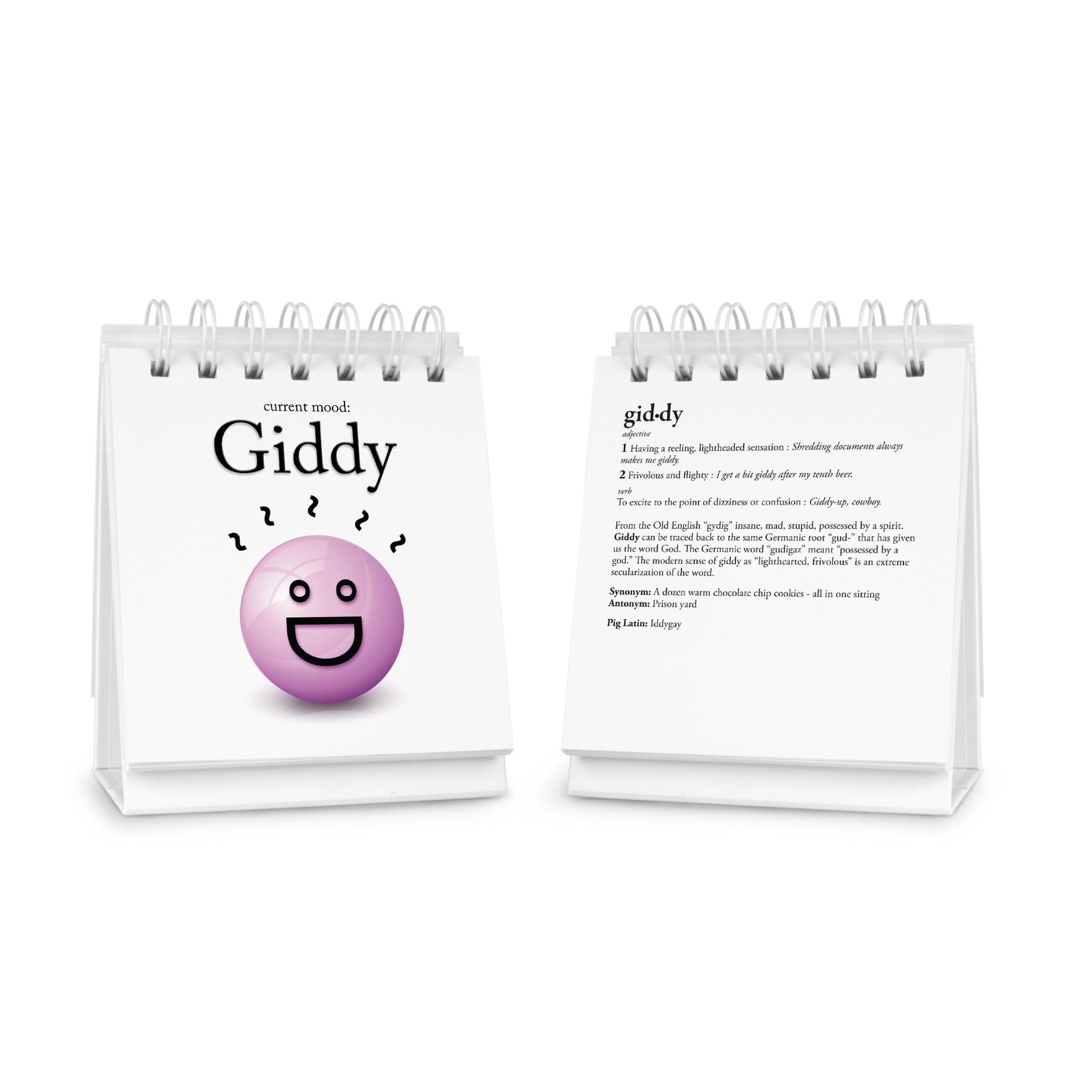 Daily Mood flip chart open to a playful mood page, a humorous gift-ready desk accessory for coworkers or students.