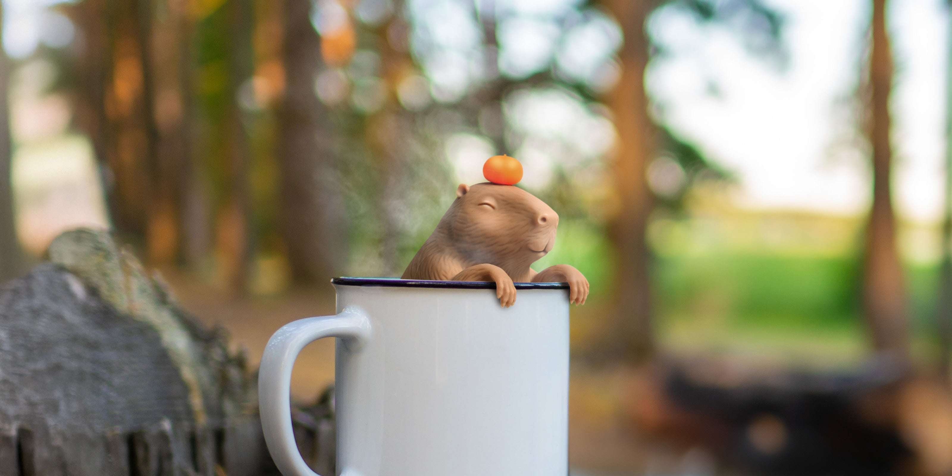 A capybara tea infuser in a mug placed in a  woodland setting
