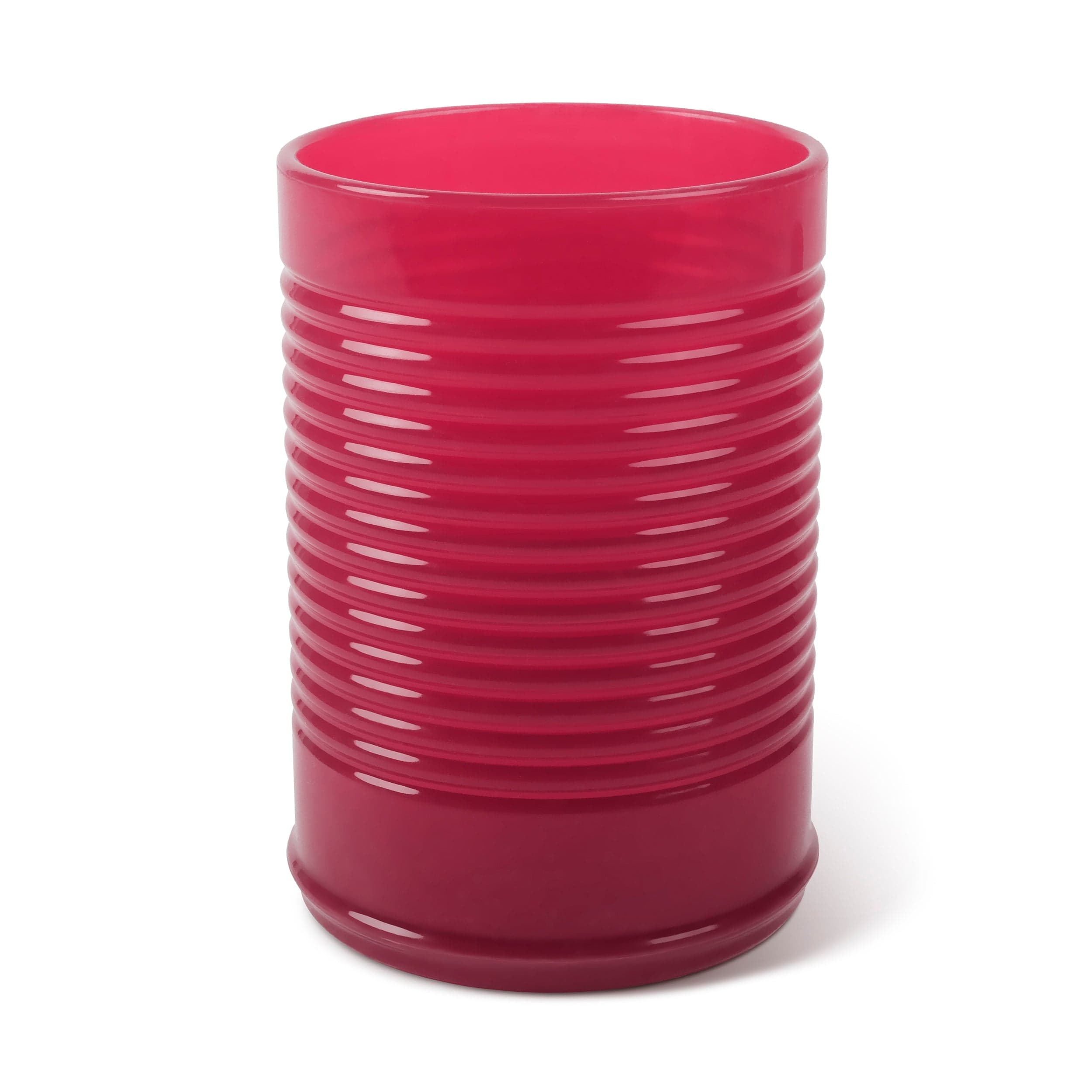A silicone cup that looks like canned cranberry sauced with ribbed texture on a white background