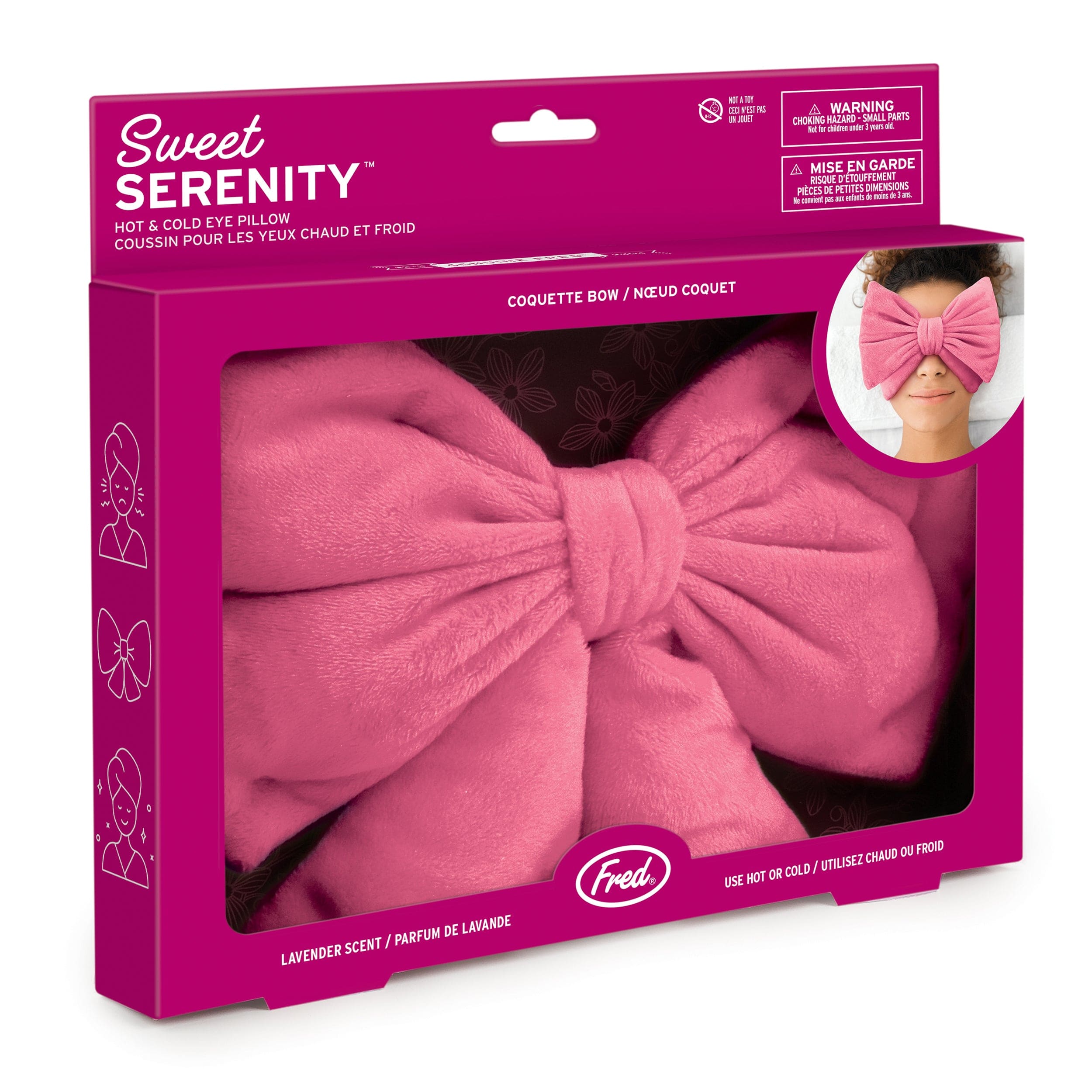 Pink eye pillow named Sweet Serenity with coquette bow packaging on a white background