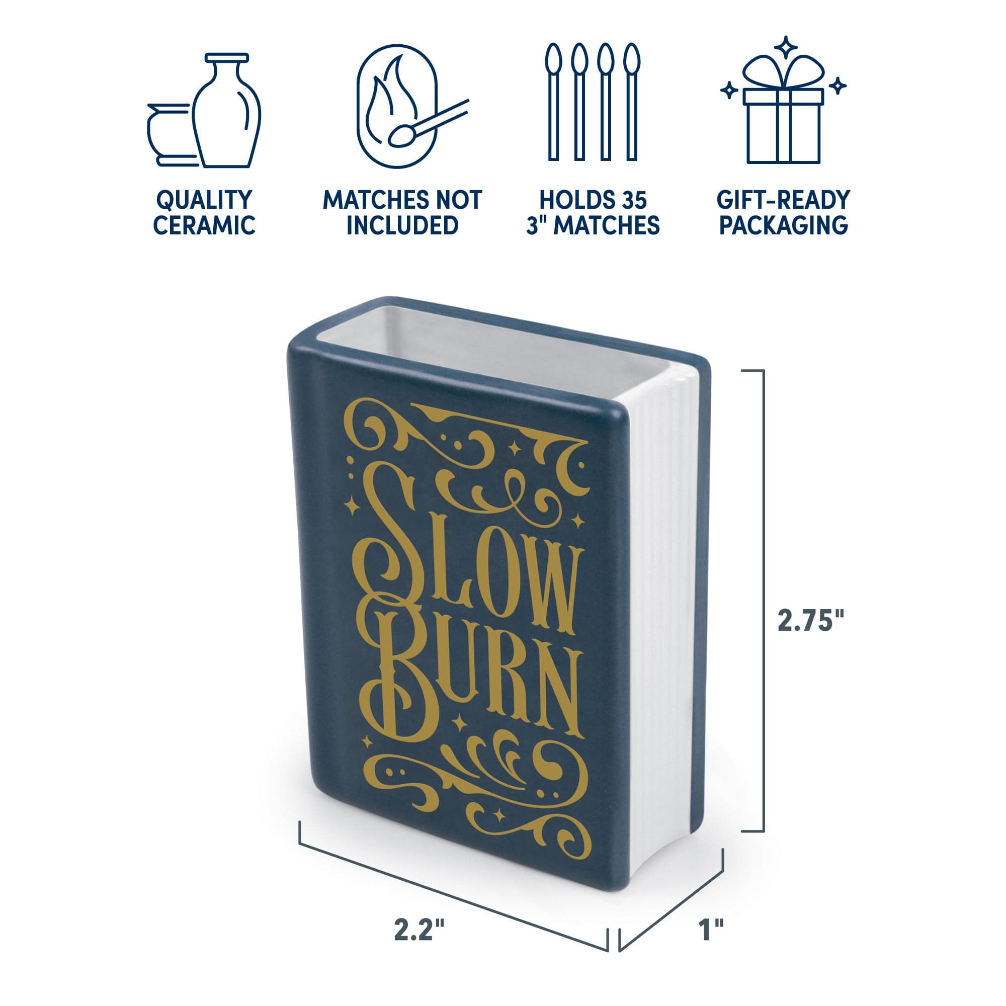 Ceramic match holder with 'Slow Burn' text, dimensions, and feature icons on a white background. Functional decor gift for book lovers