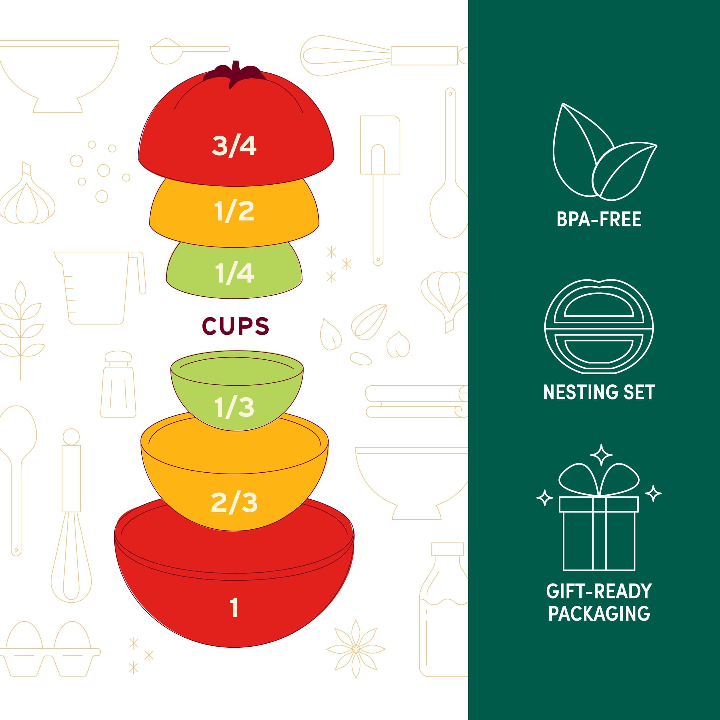 Set of colorful nesting tomato measuring cups with measurements and product features on a green background