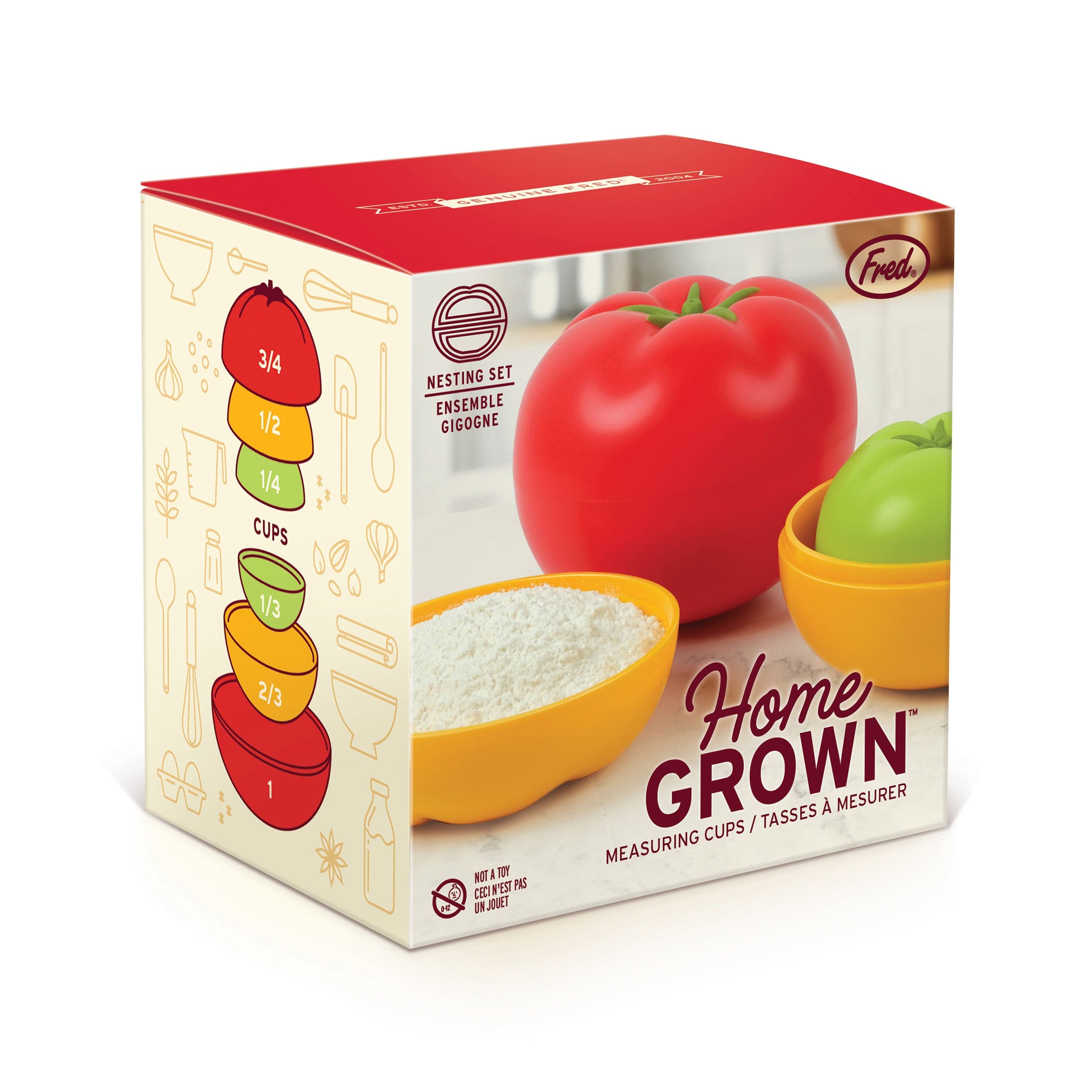 Box of 'Home Grown' measuring cups with tomato and bowl design on a white background