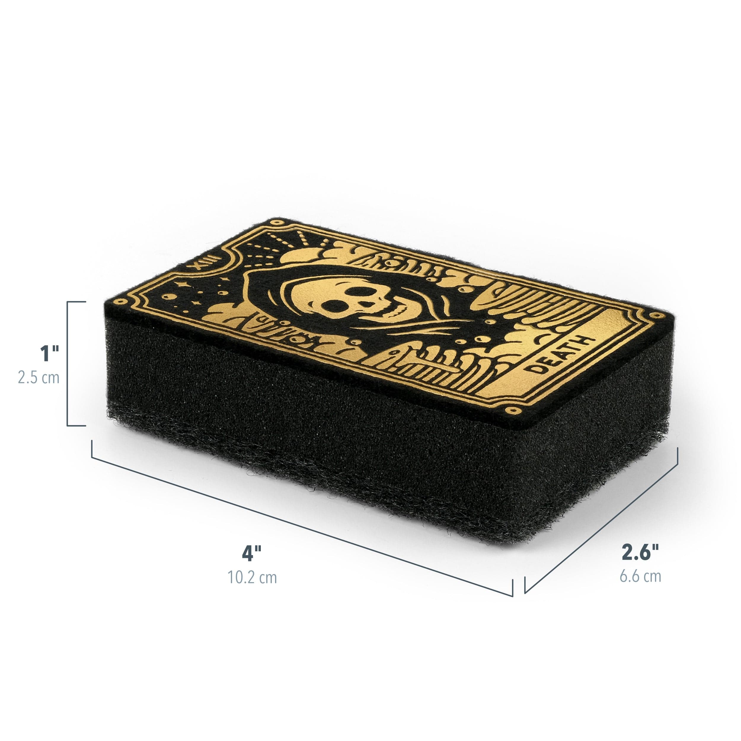 Black and gold tarot card sponge with measurements on a white background