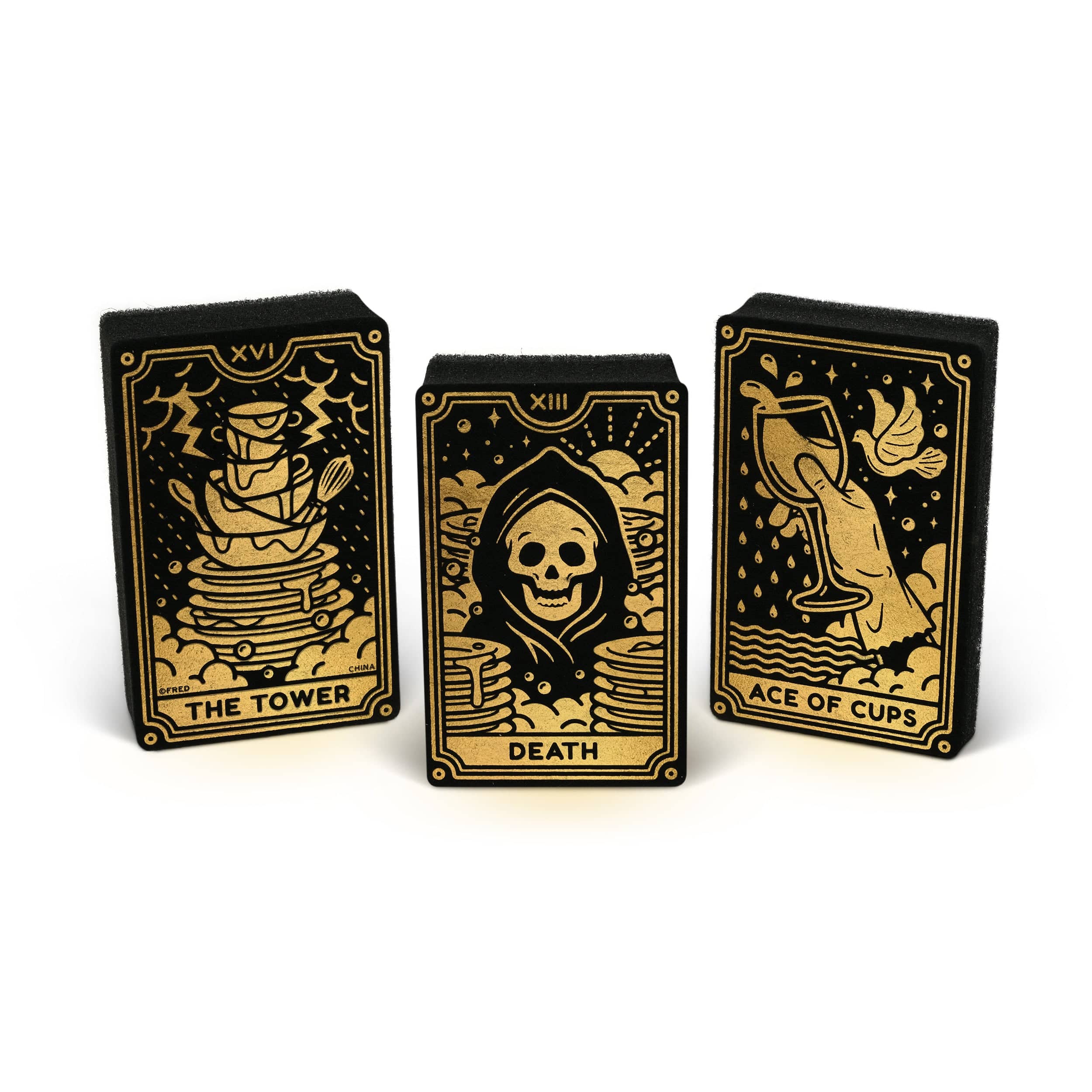 Three tarot card sponges with metallic gold illustrations and text on a white background