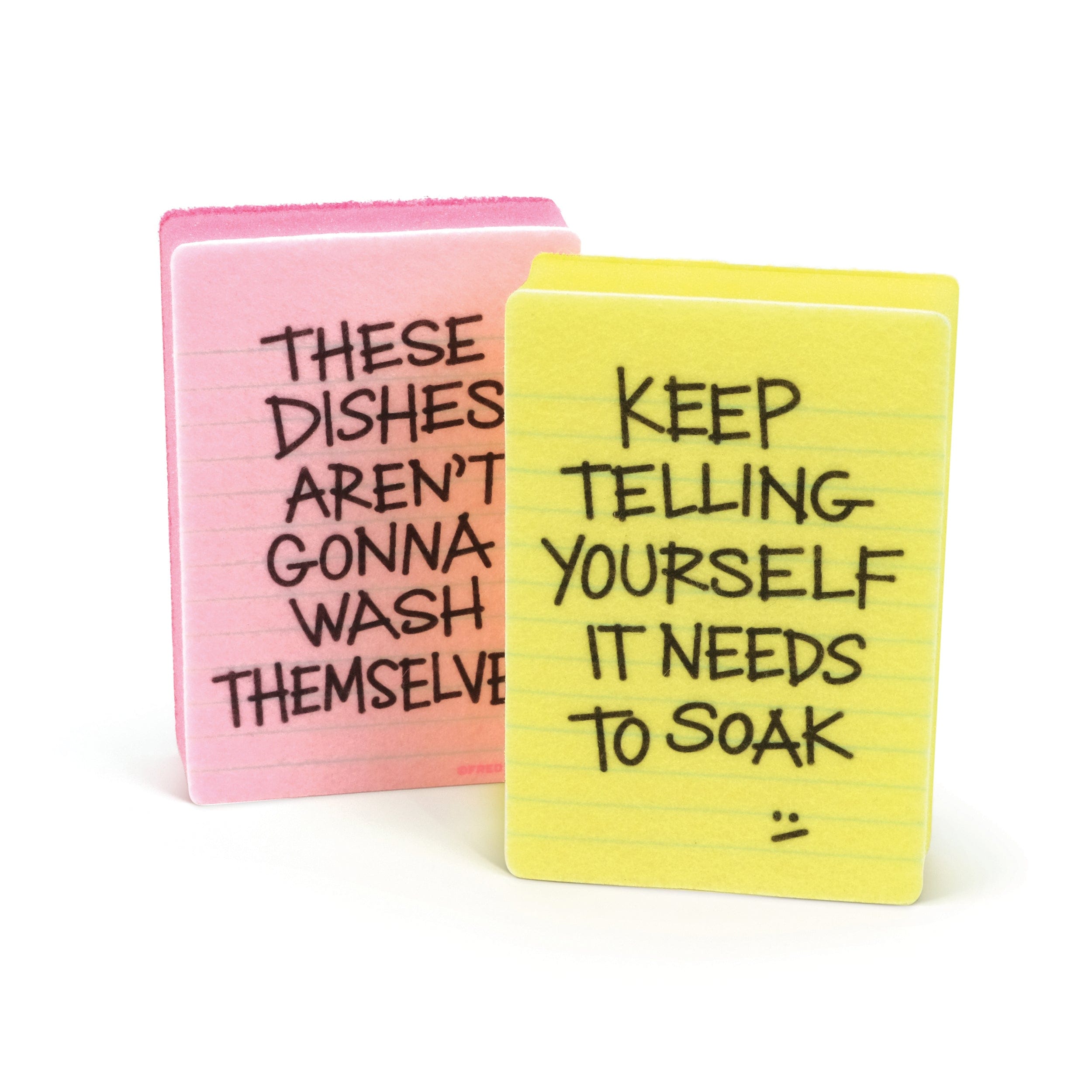 Two colorful notepad sponges with humorous text on a white background
