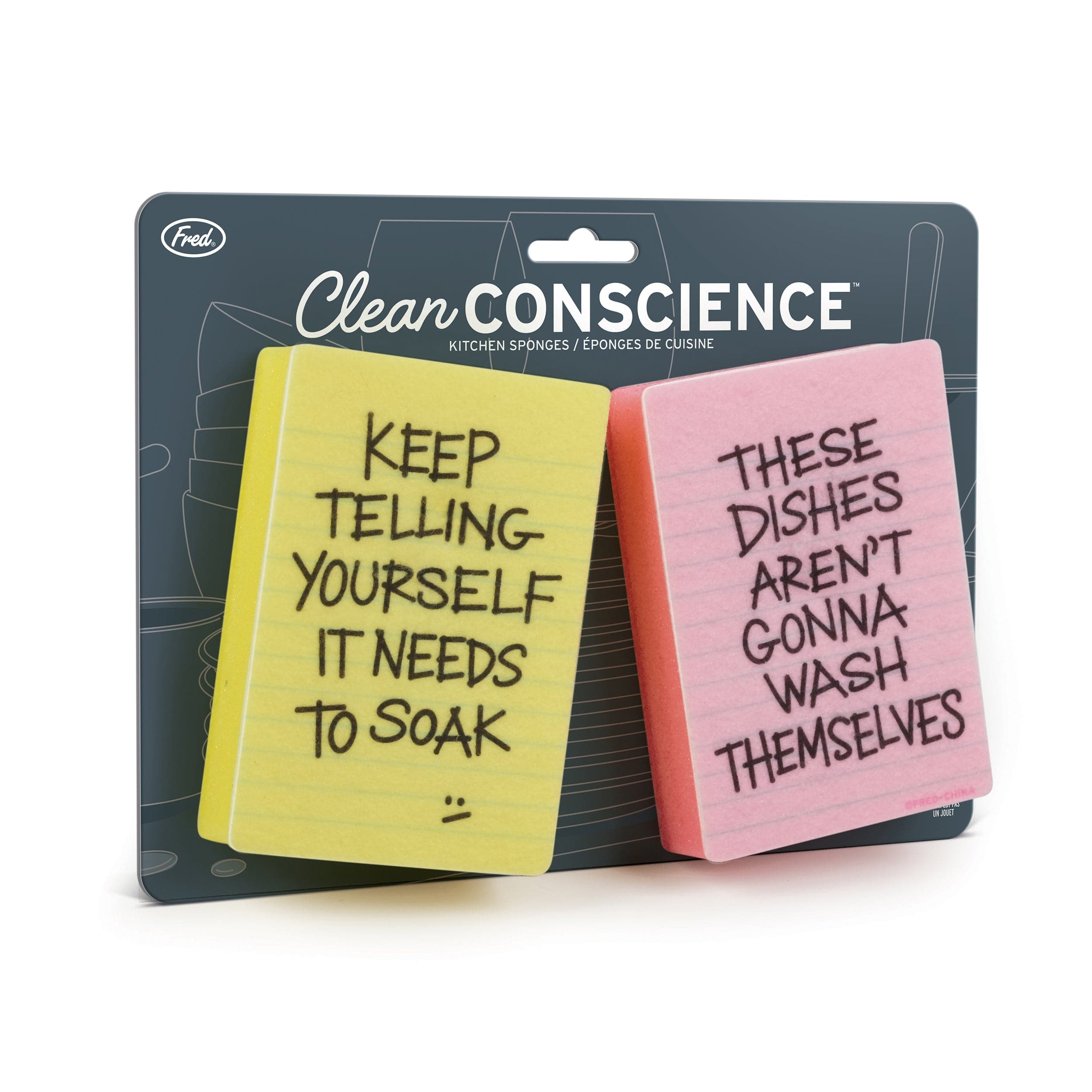 Two notepad sponges with humorous text on a 'Clean Conscience' branded packaging.