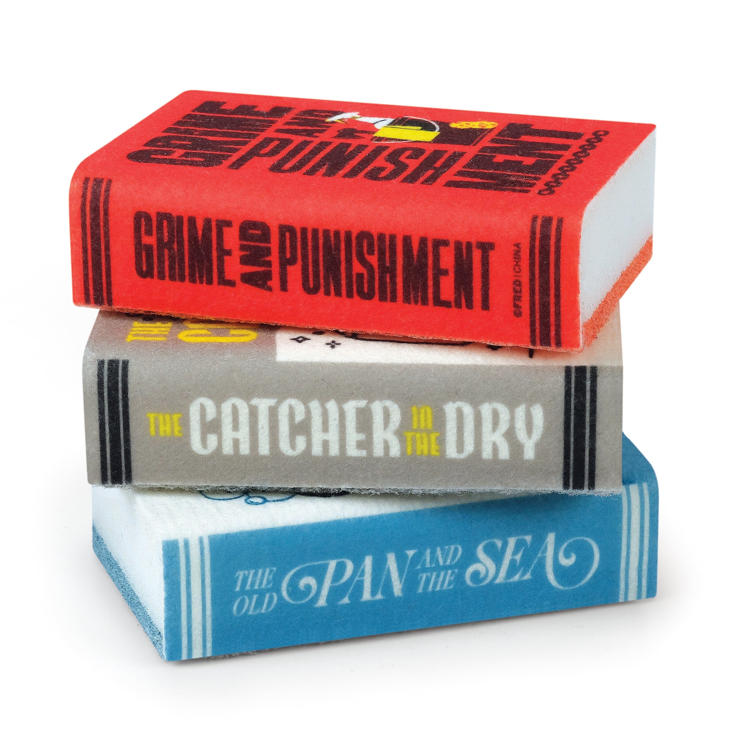 Stack of book sponges with 'Grime and Punishment', 'The Catcher in the Dry', and 'The Old Pan and the Sea' on a white background