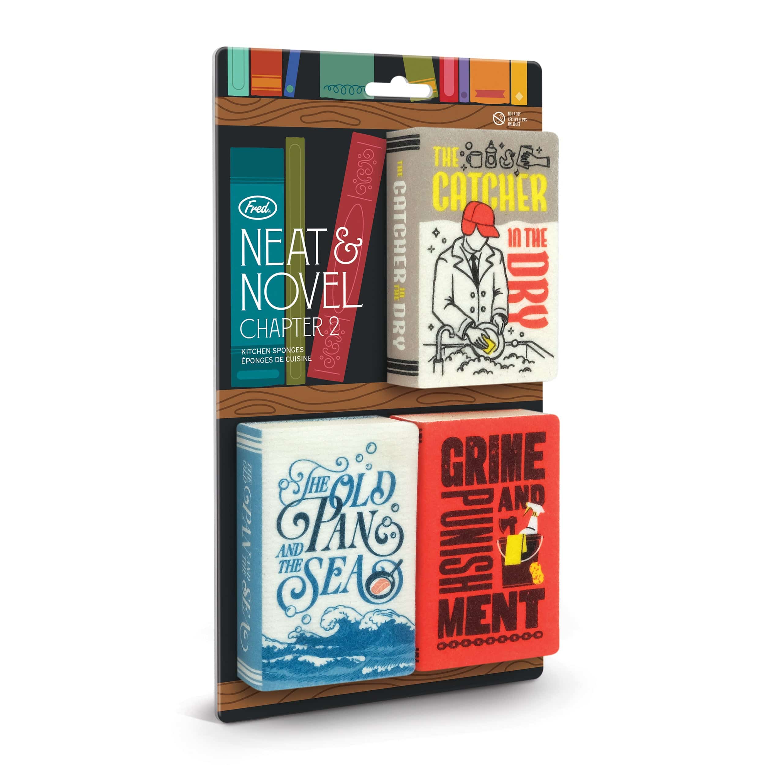 Packaged product with book-themed design on a white background