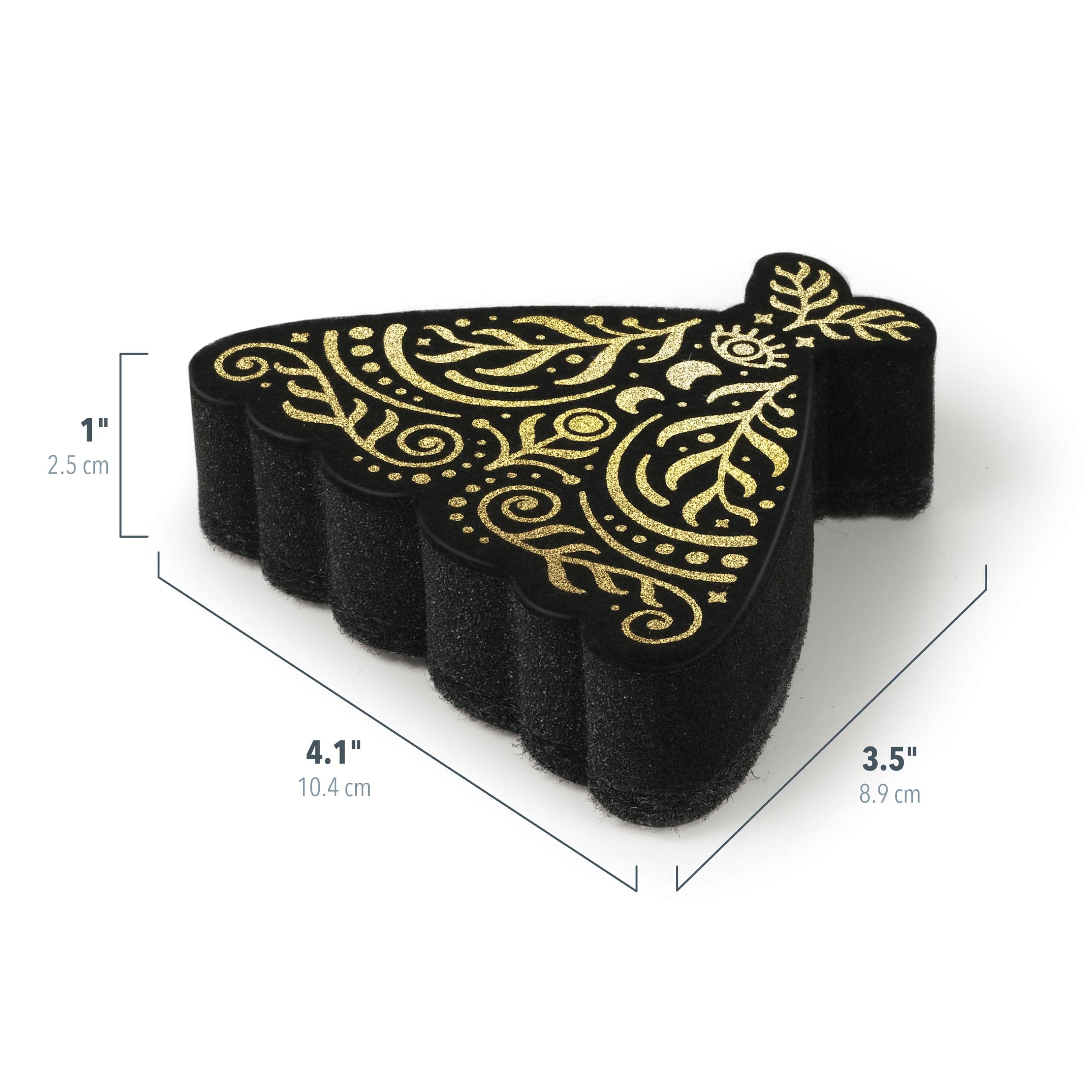 Black and gold moth kitchen sponge with measurements on a white background. Measurements show 4.1" x 3.5" x 1"