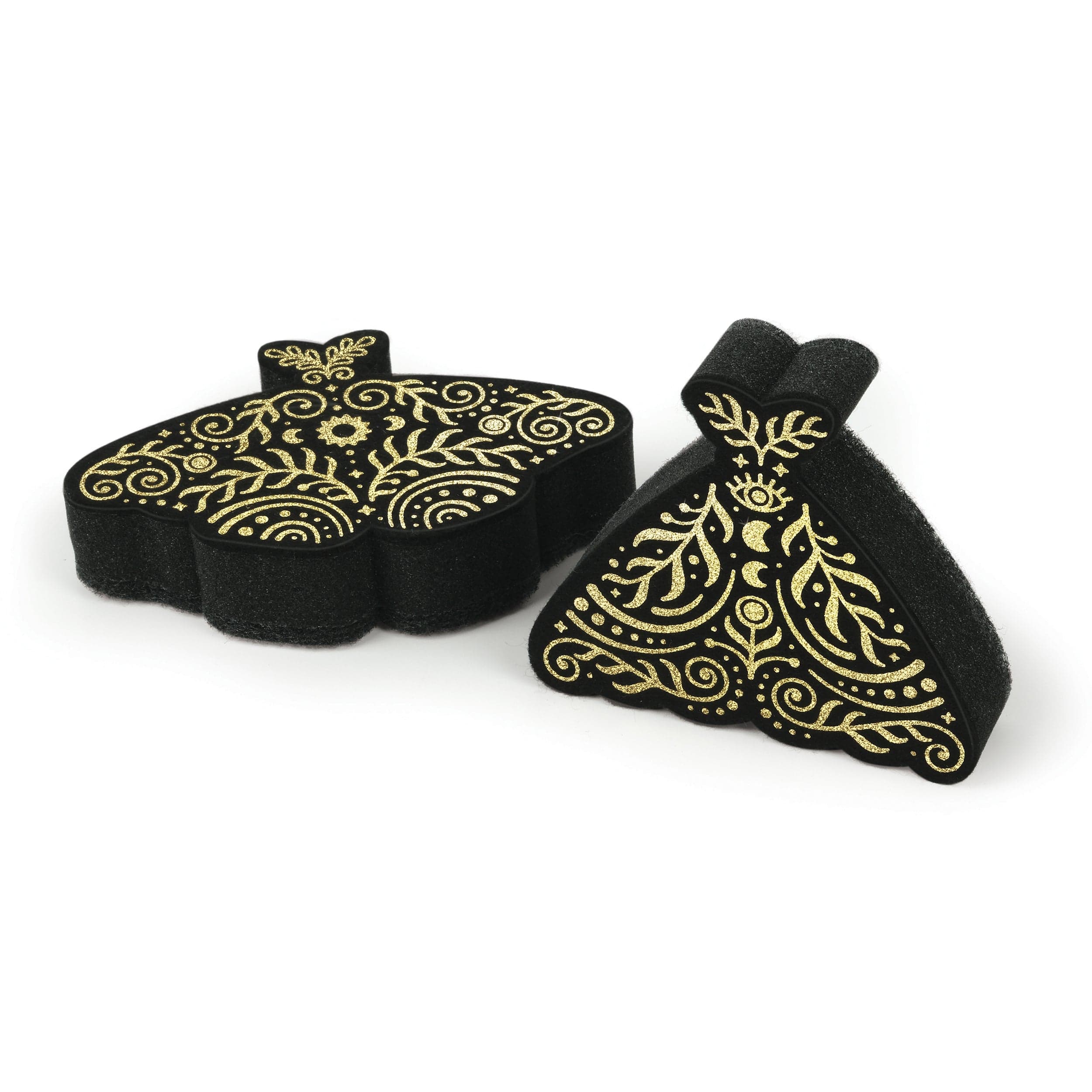 Black and gold celestial moth sponges on a white background