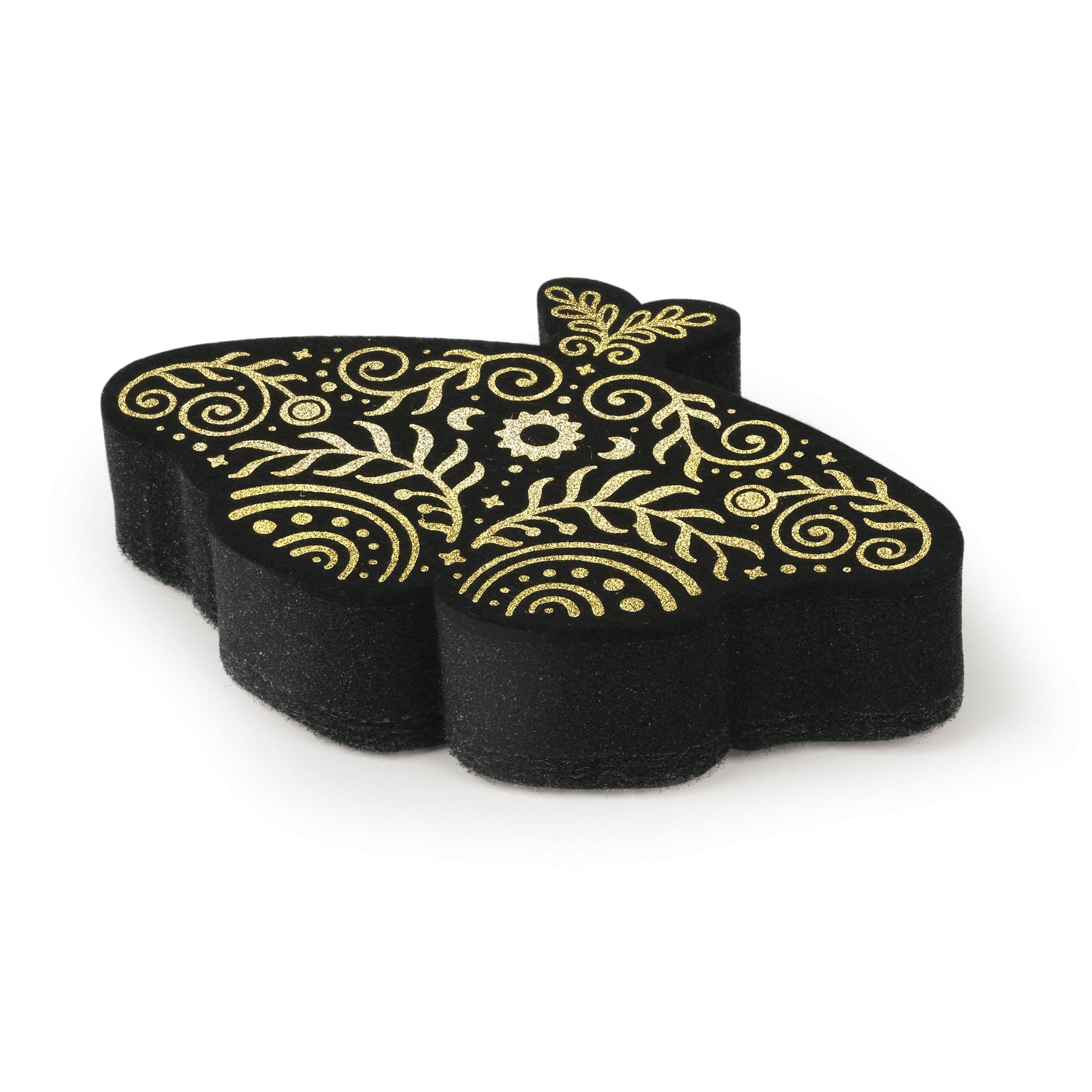 Black moth sponge with gold floral and celestial design on a white background