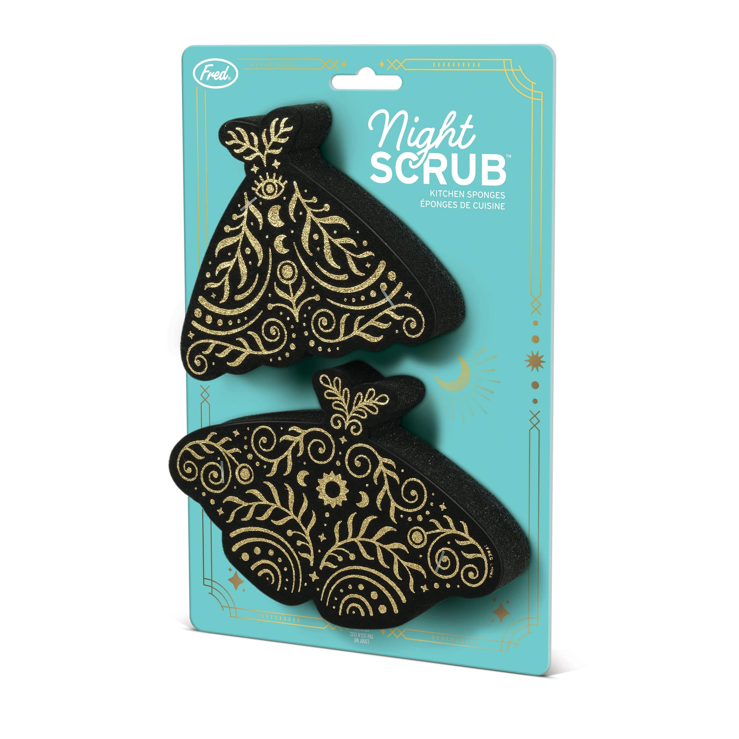 Packaged black moth kitchen sponges with gold details on a teal backer card. Product name is Night Scrub