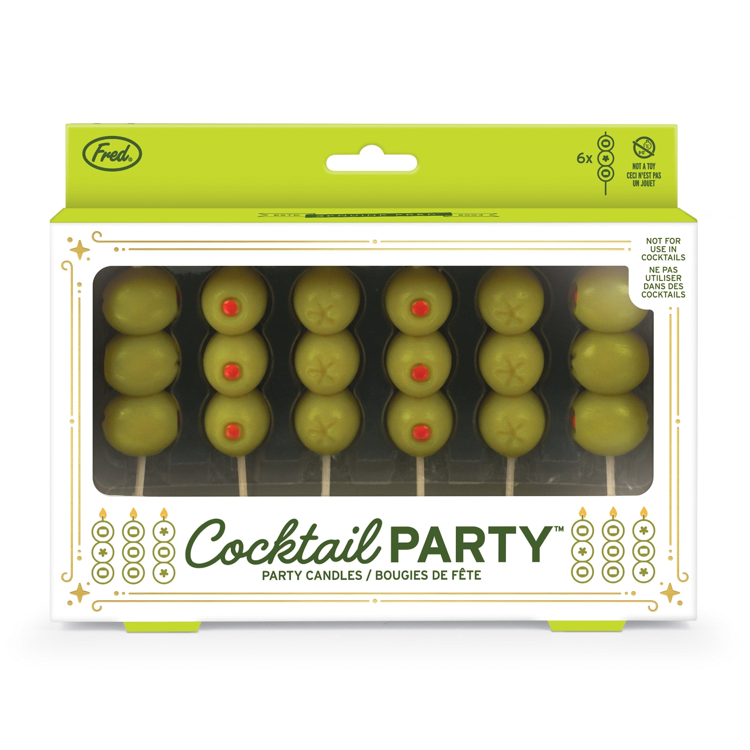 Packaging of cocktail party candles with green olives on sticks.