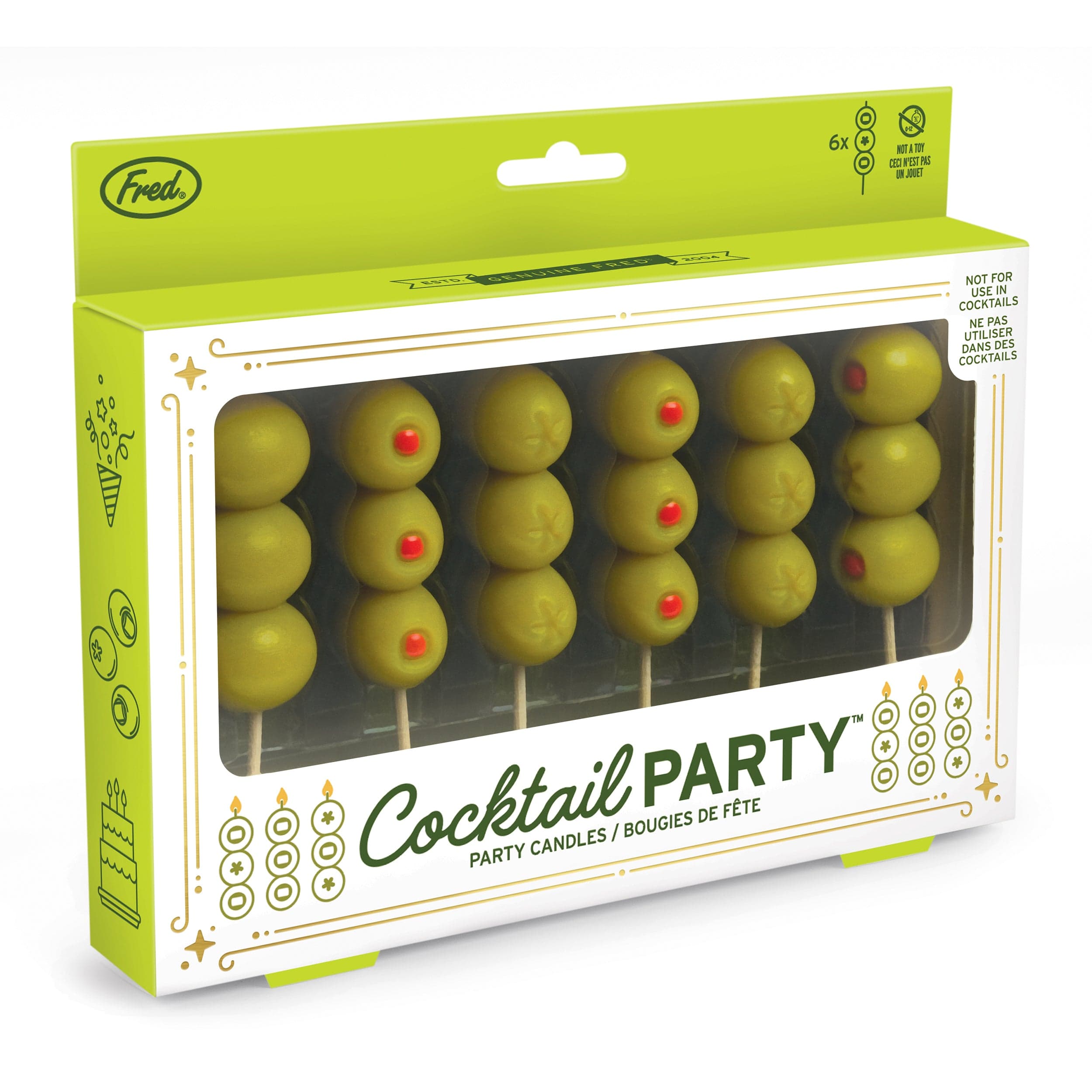 Packaging box of cocktail party candles with green olives