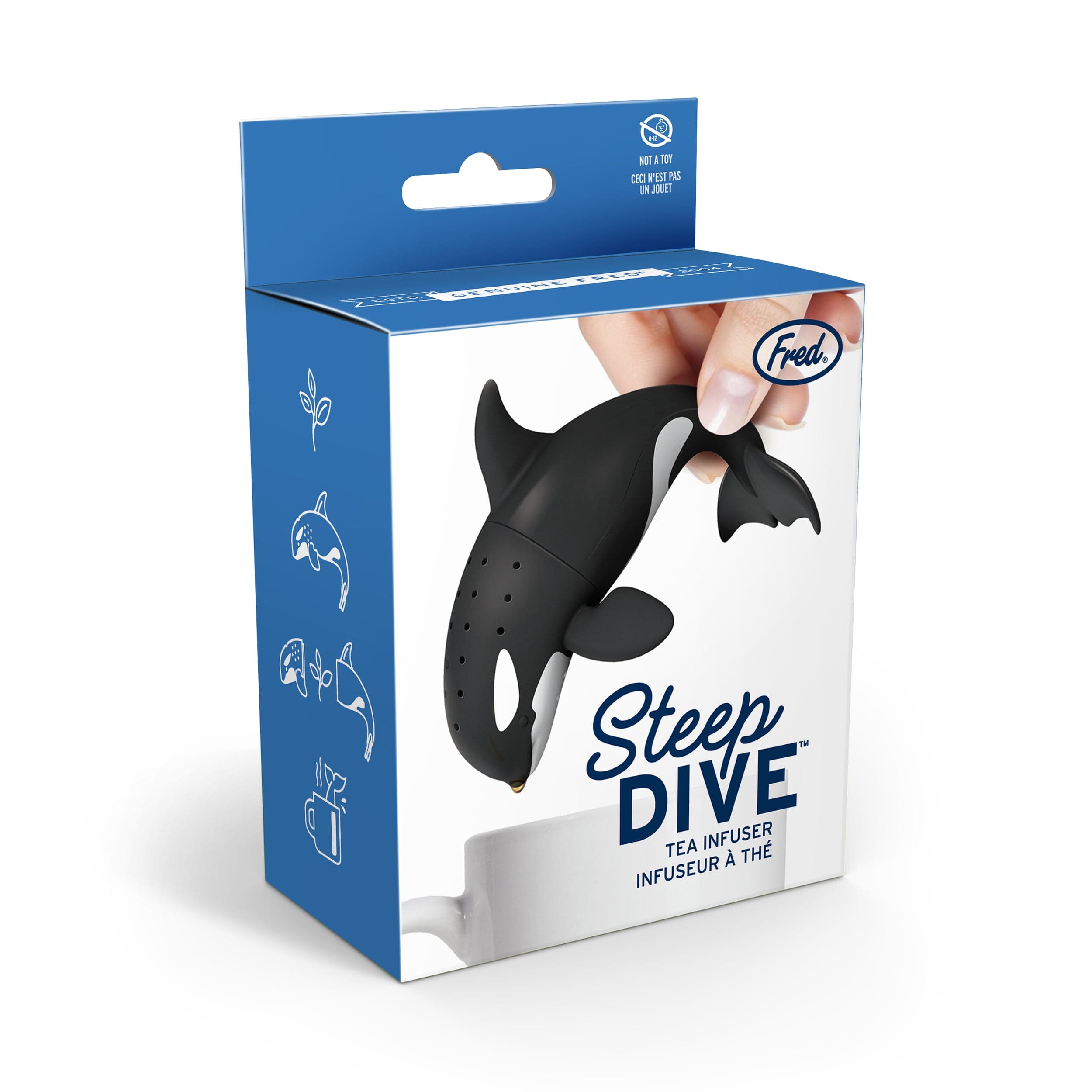 Tea infuser packaging with orca whale design on a white background