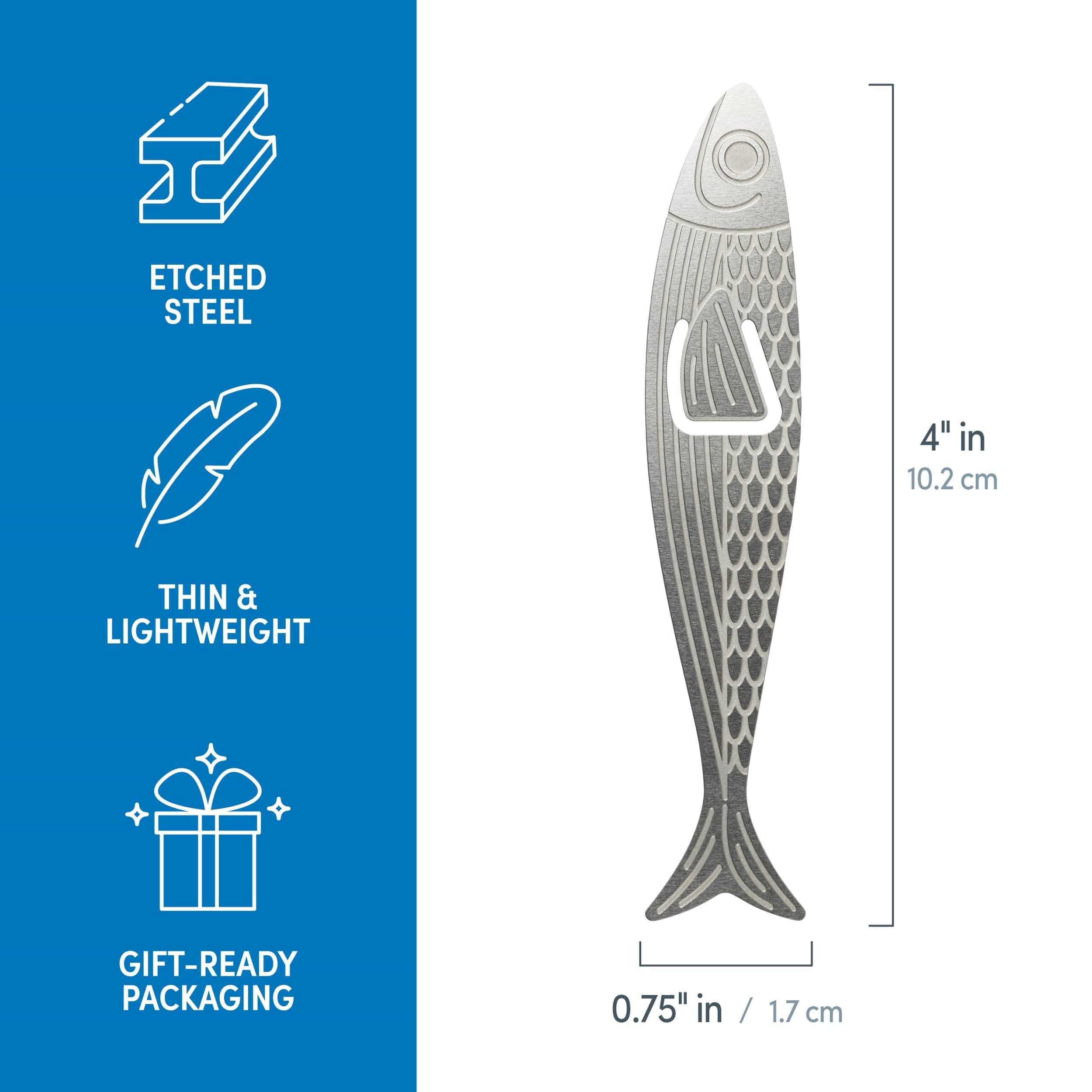Fish-shaped bookmark with etched steel, thin & lightweight, and gift-ready packaging features on a blue and white background.
