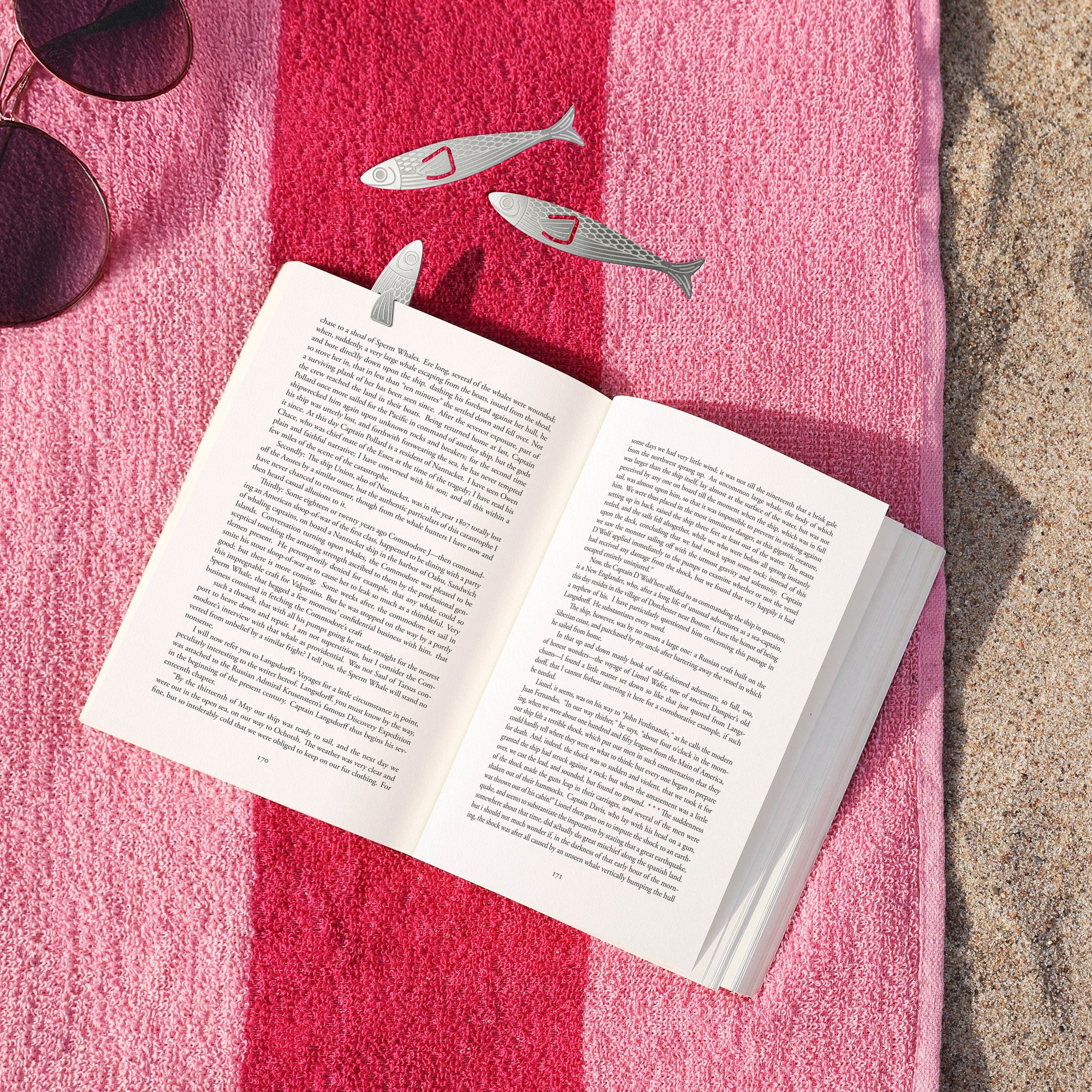 Open book on a pink and red striped towel with sunglasses and sardine-shaped bookmarks