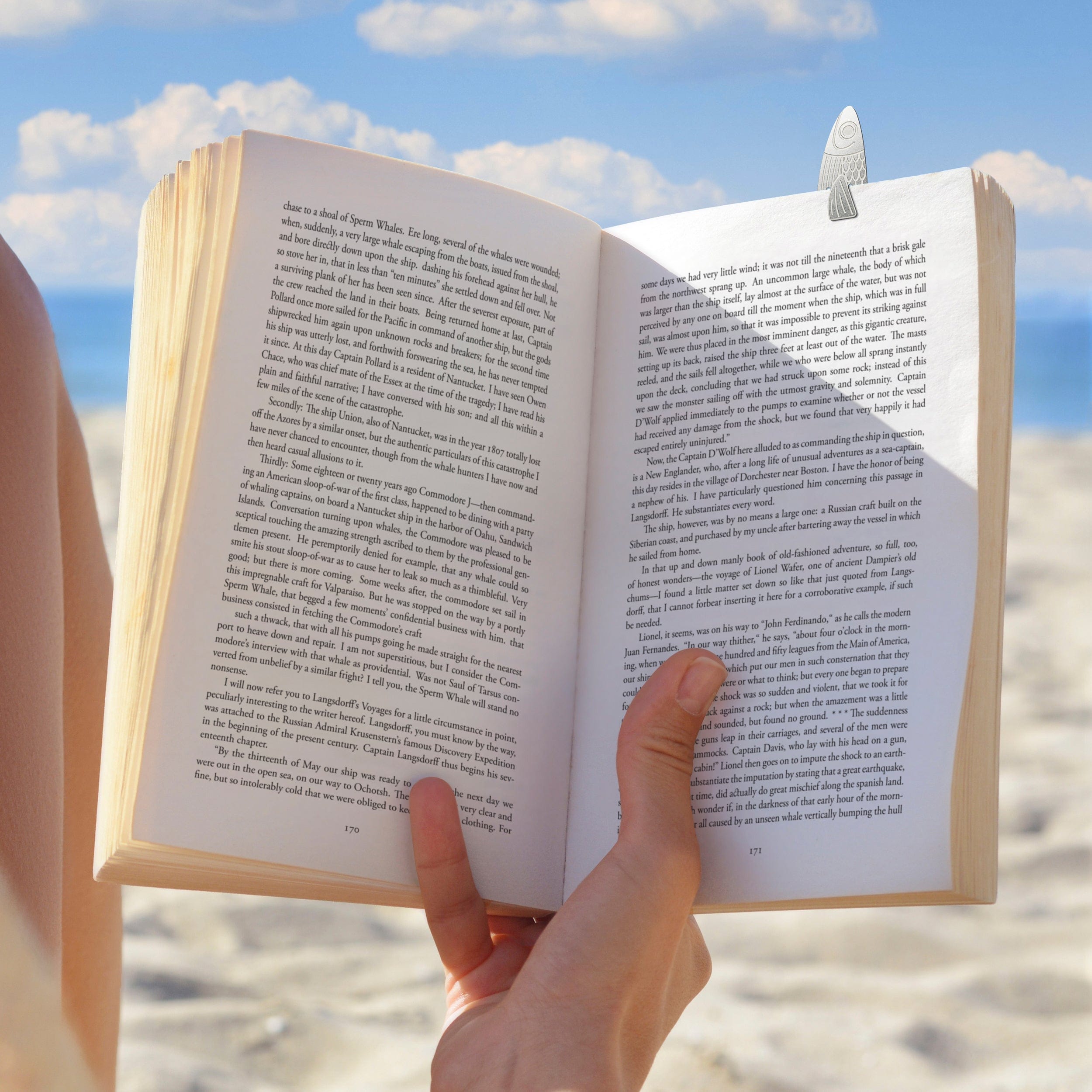 Person reading an open book on a beach with a clear sky and a sardine-shaped bookmark