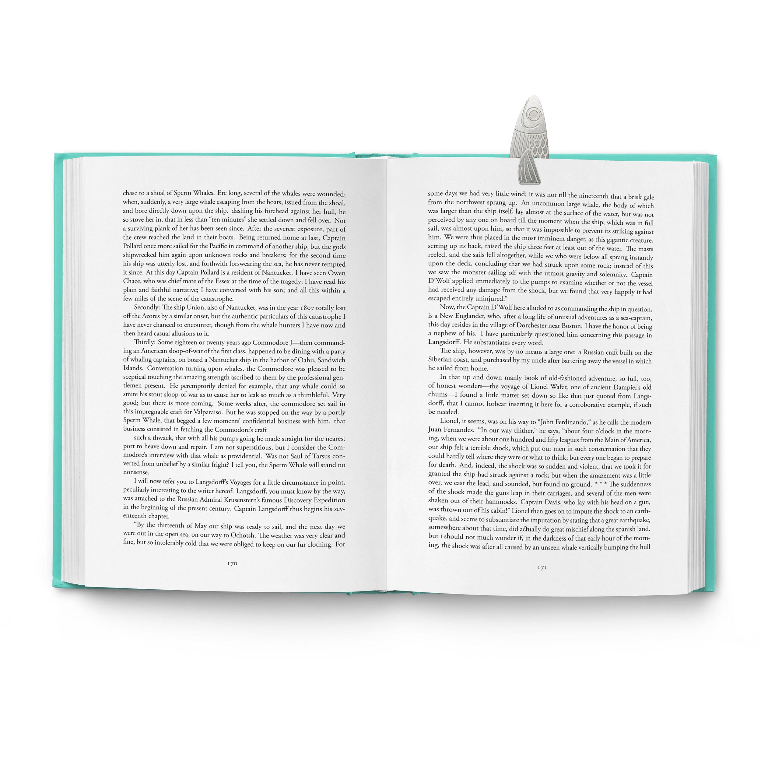 Open book with text and a fish bookmark on a white background