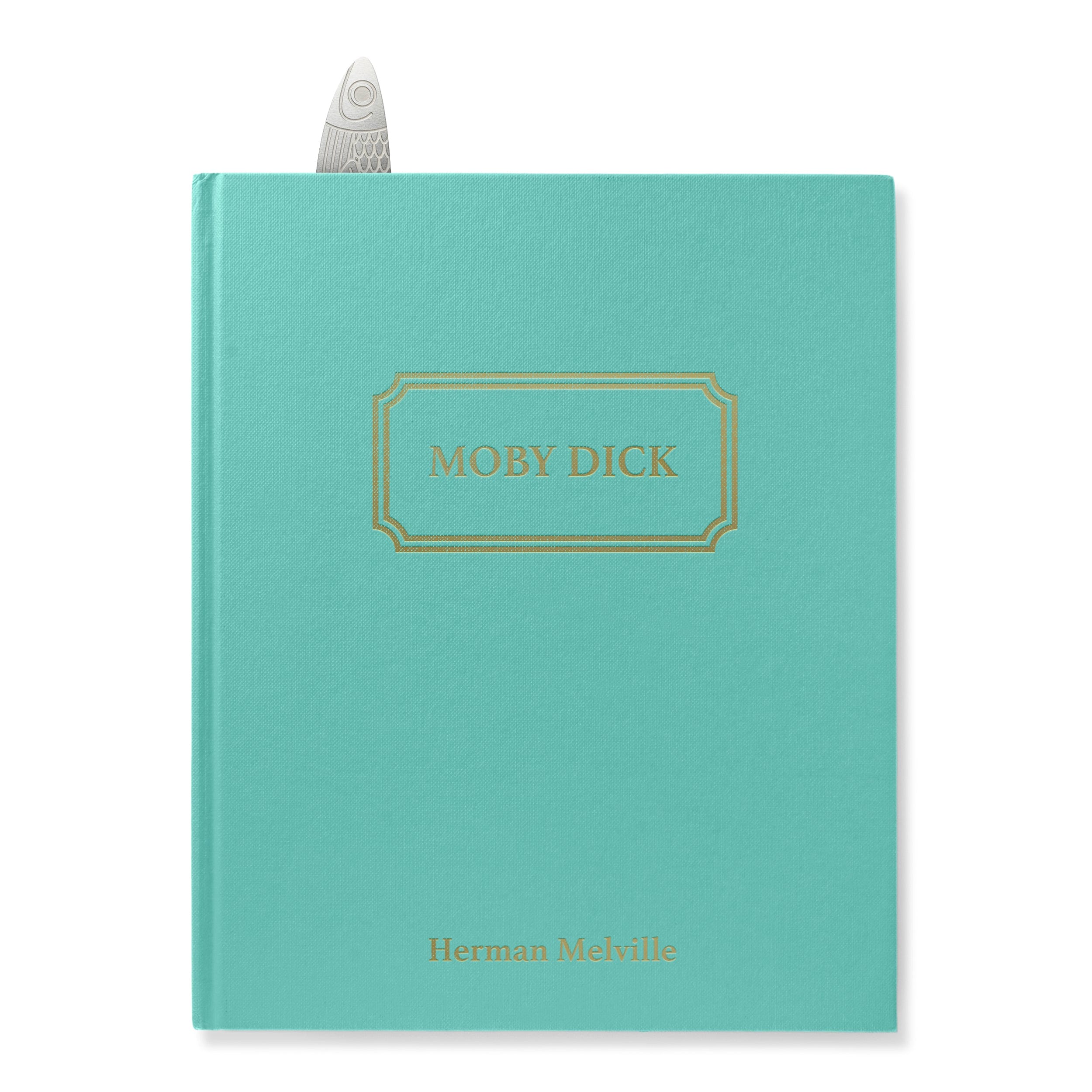 Teal book titled 'Moby Dick' by Herman Melville on a white background with a fish bookmark poking out of the book.