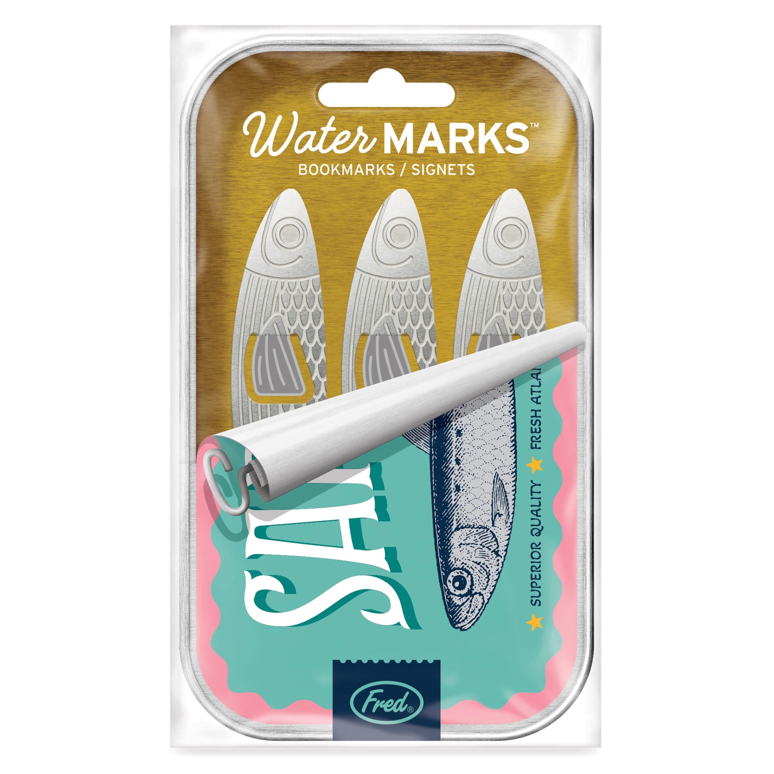 Packaged sardine bookmarks on a white background. Product name is "Water Marks"