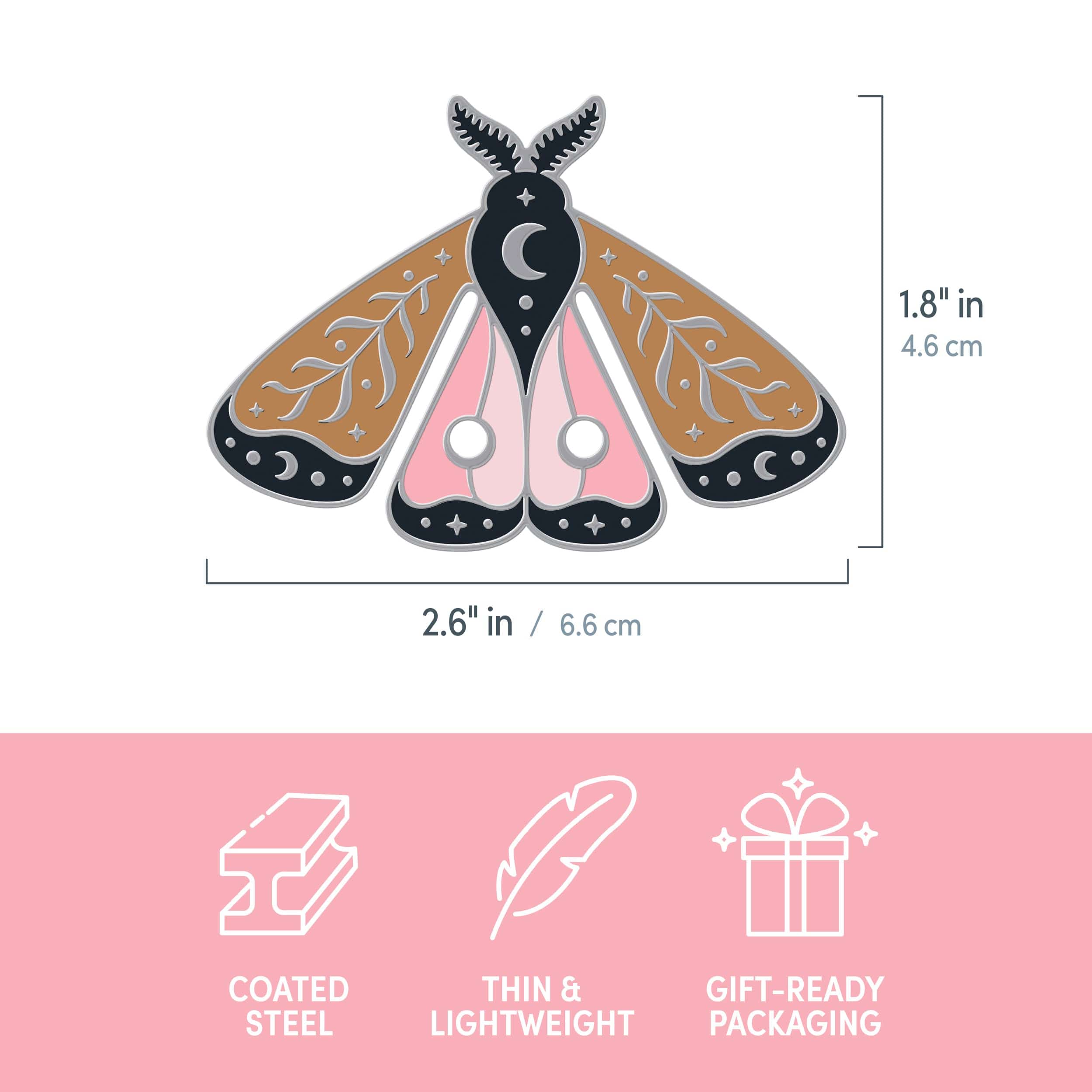 Steel bookmark with a celestial moth design on a white background showing dimensions 2.6x1.8" - Also product qualities such as coasted steel, thin & lightweight, gift-ready packaging