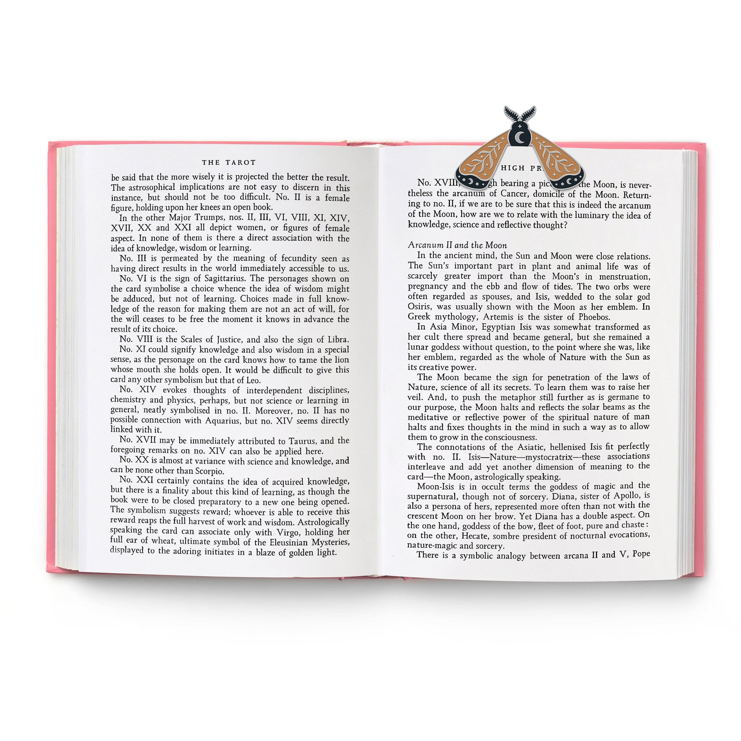 Open book with text and a decorative moth bookmark on a white background