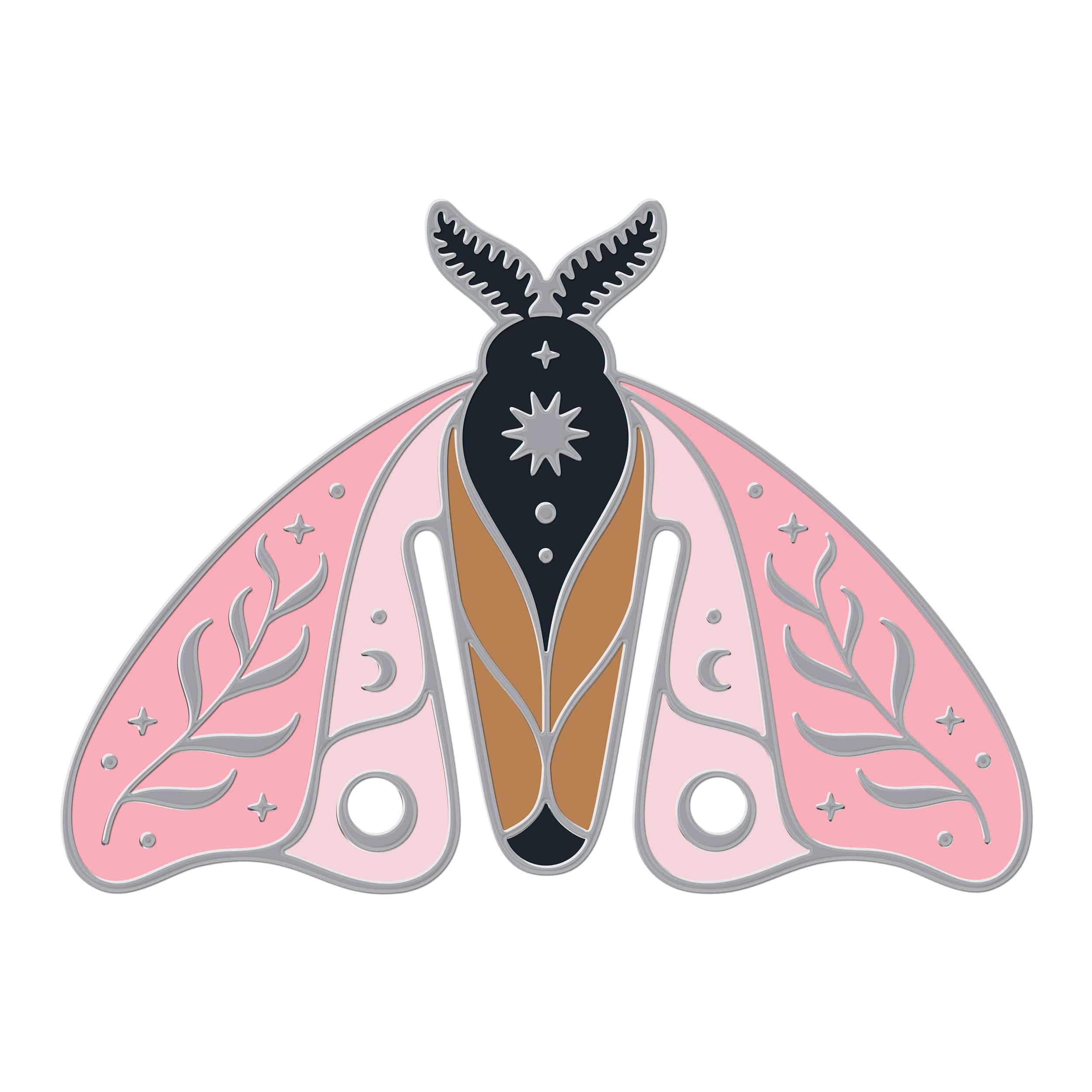 Steel bookmark with a celestial moth design on a white background