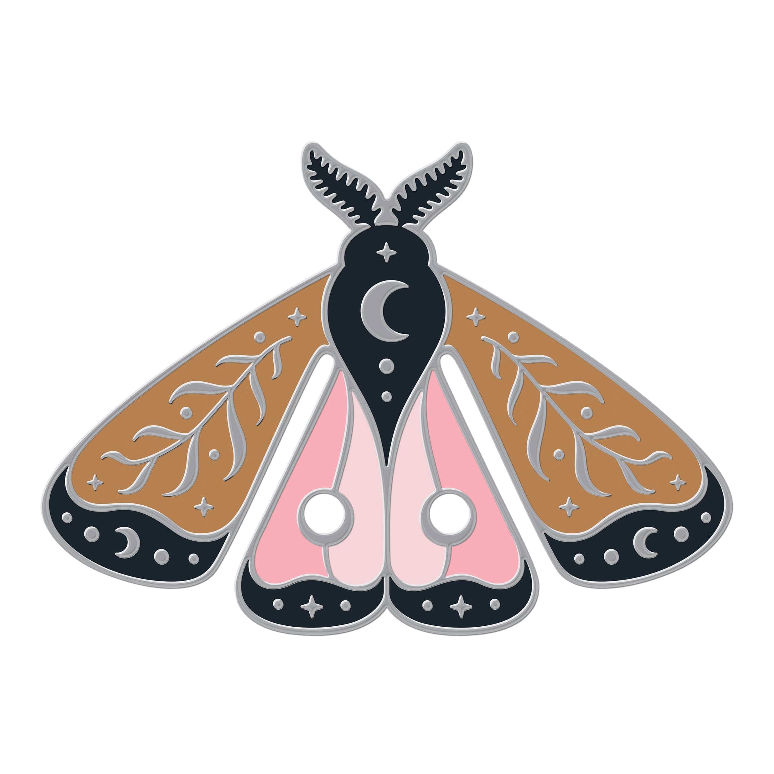 Steel bookmark with a celestial moth design on a white background
