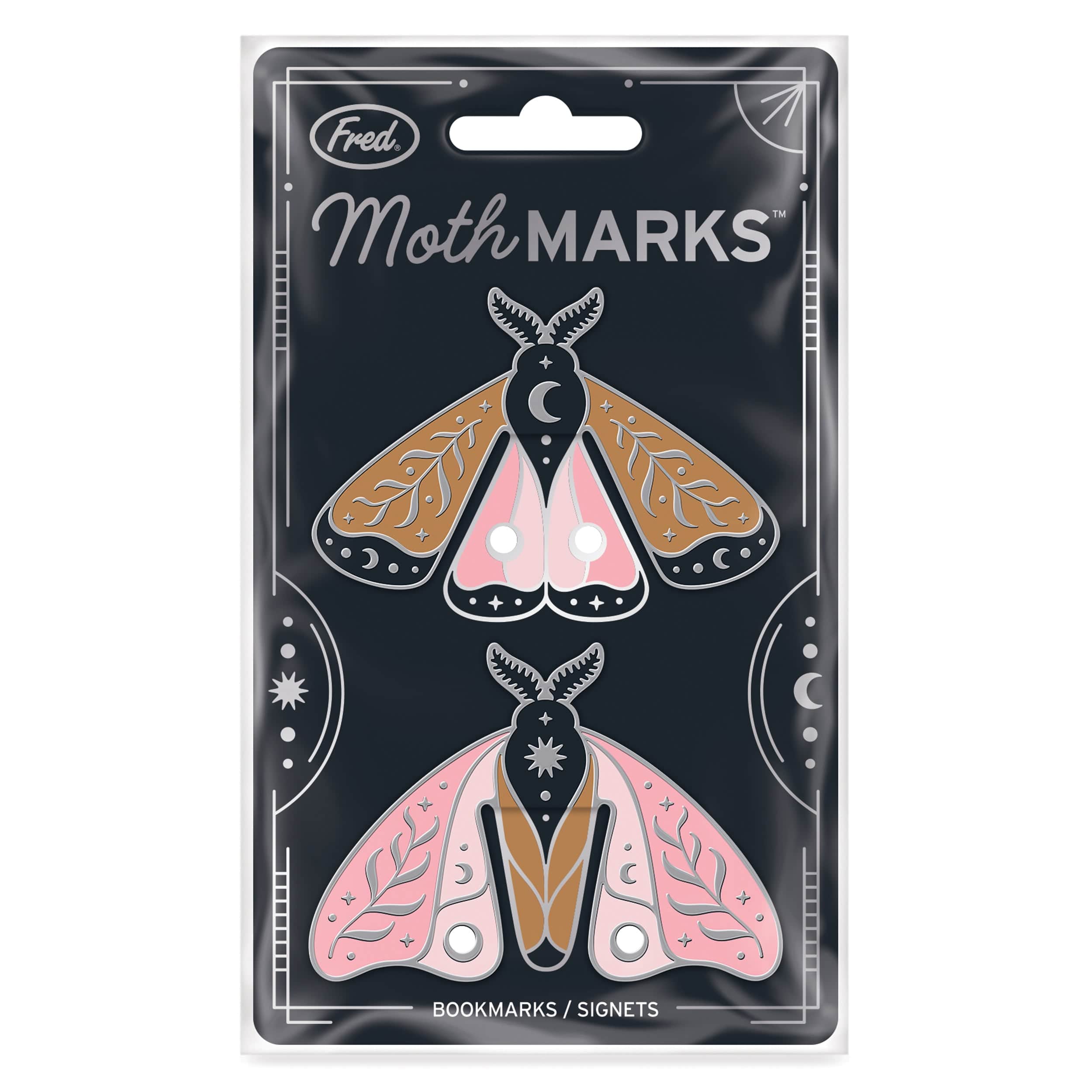 Packaged MOTH MARKS with moth designs on a black background