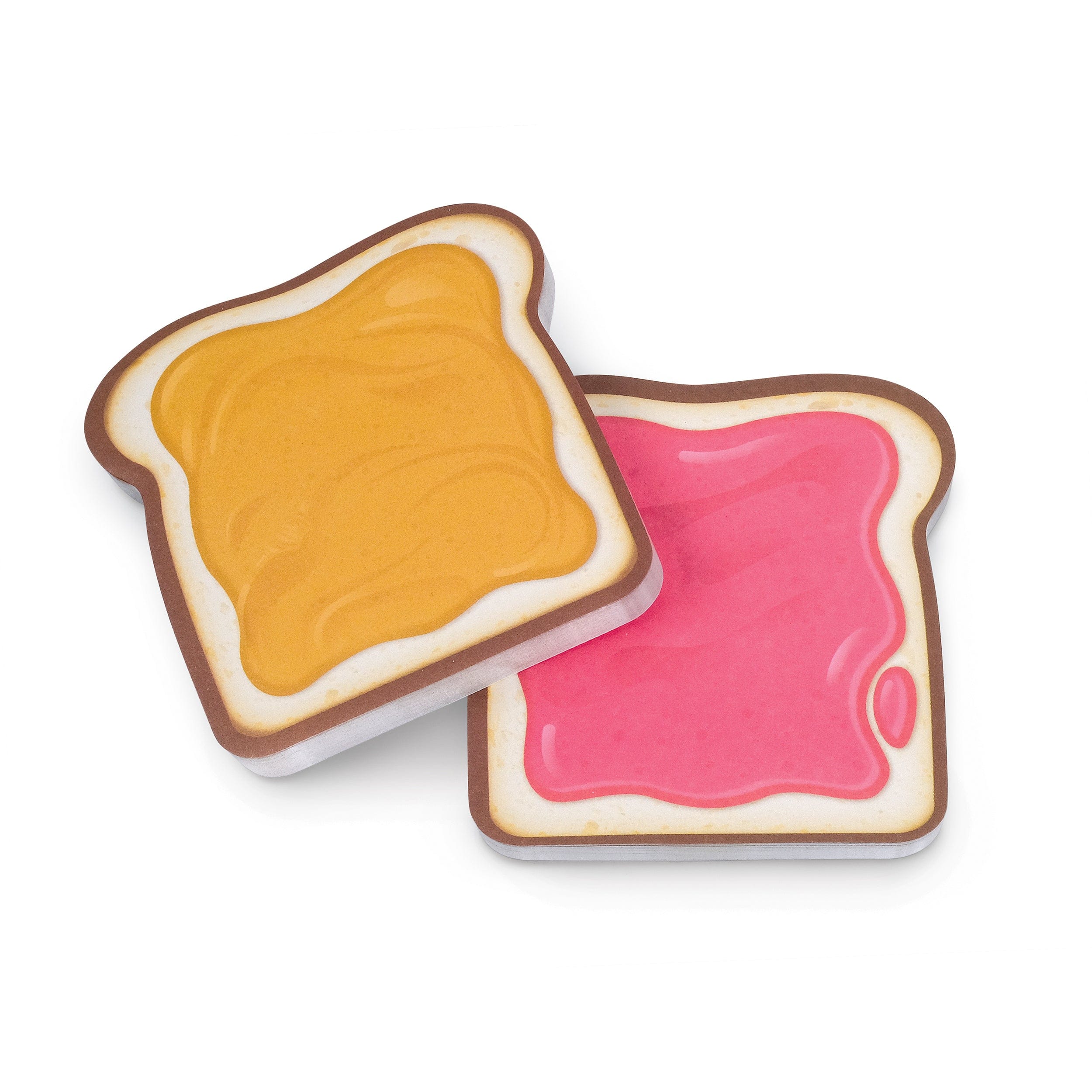 Two pads of sticky notes shaped like slices of bread with peanut butter and jelly on a white background