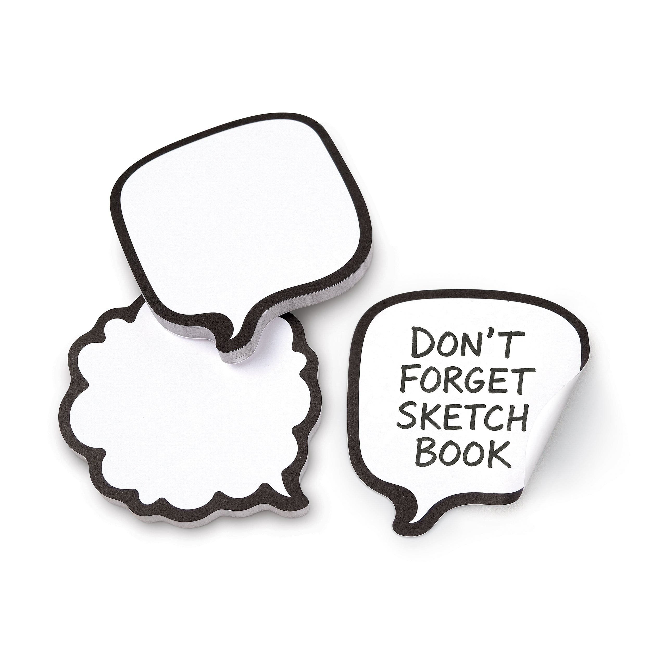 Two speech bubble-shaped sticky note pads with one saying 'Don't forget sketch book' on a white background
