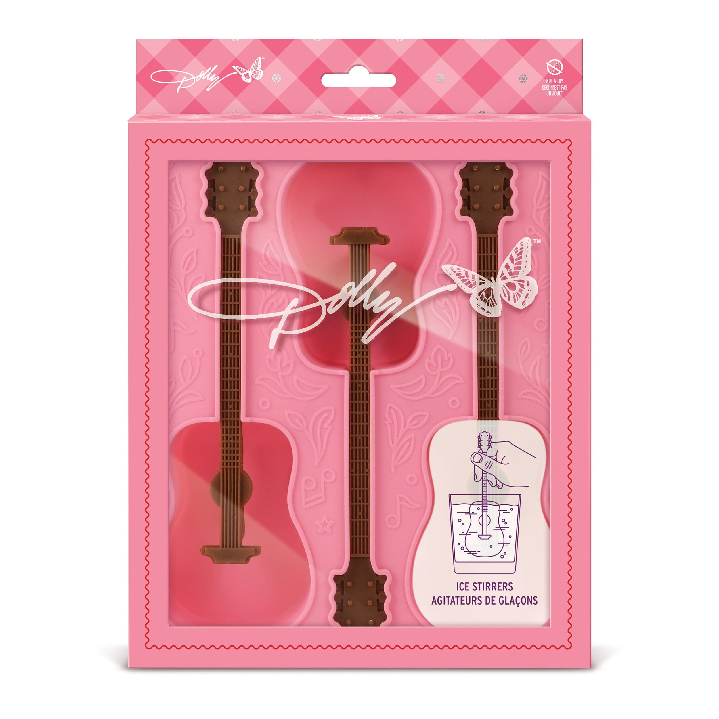 Packaged set of guitar-shaped ice stirrers with pink background and 'Dolly' branding. BPA-free silicone novelty ice mold shaped like Dolly’s guitar, creates 3 ice stirrers.