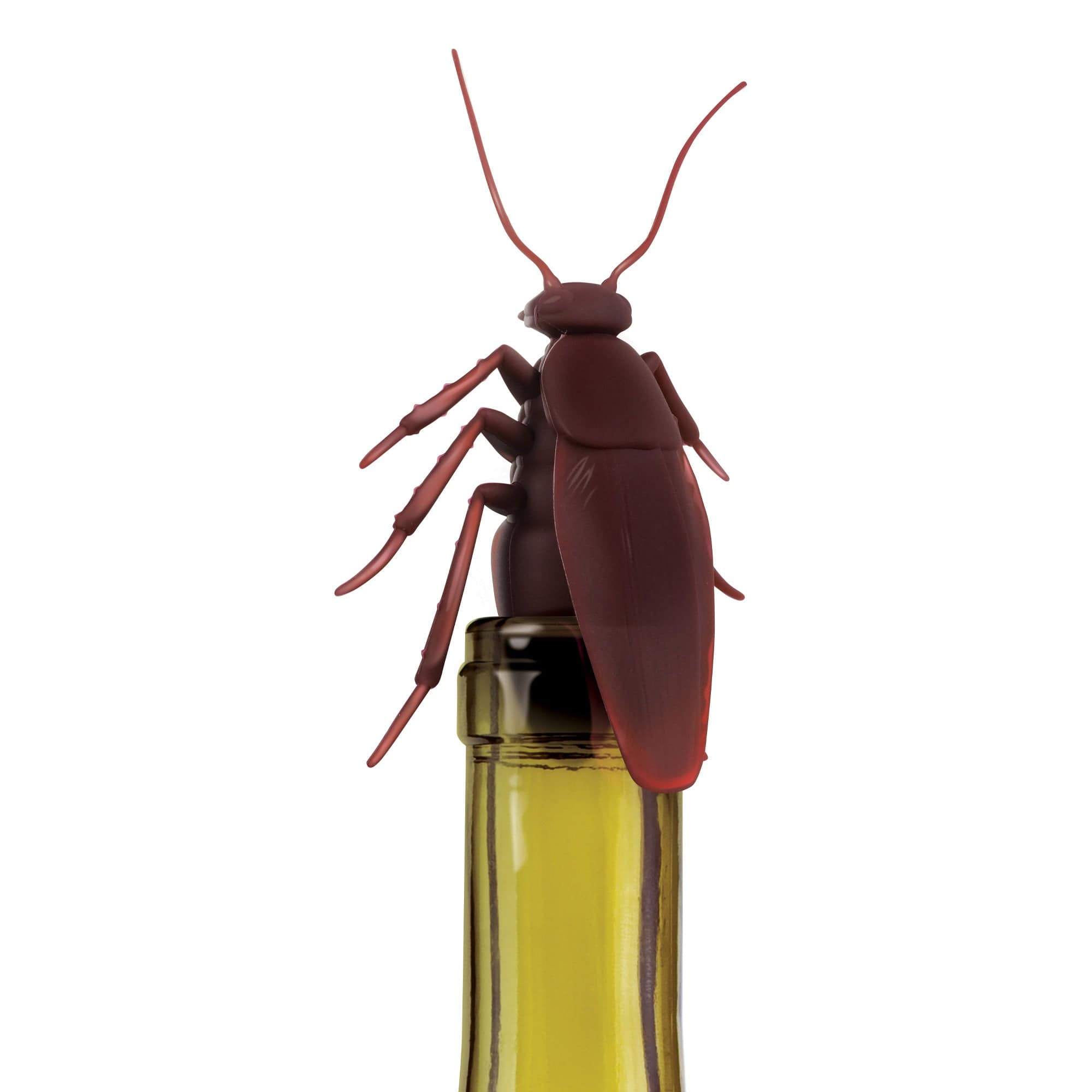 Red cockroach-shaped bottle stopper on a white background