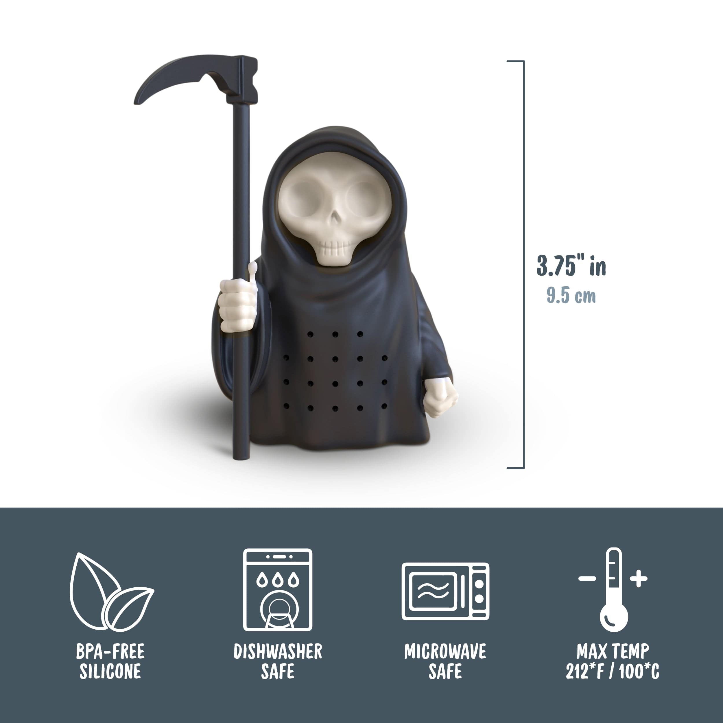Grim Steeper Tea Infuser. 3.75 inches tall. BPA-Free Silicone. Dishwasher & Microwave safe. Max temp 212 degrees F