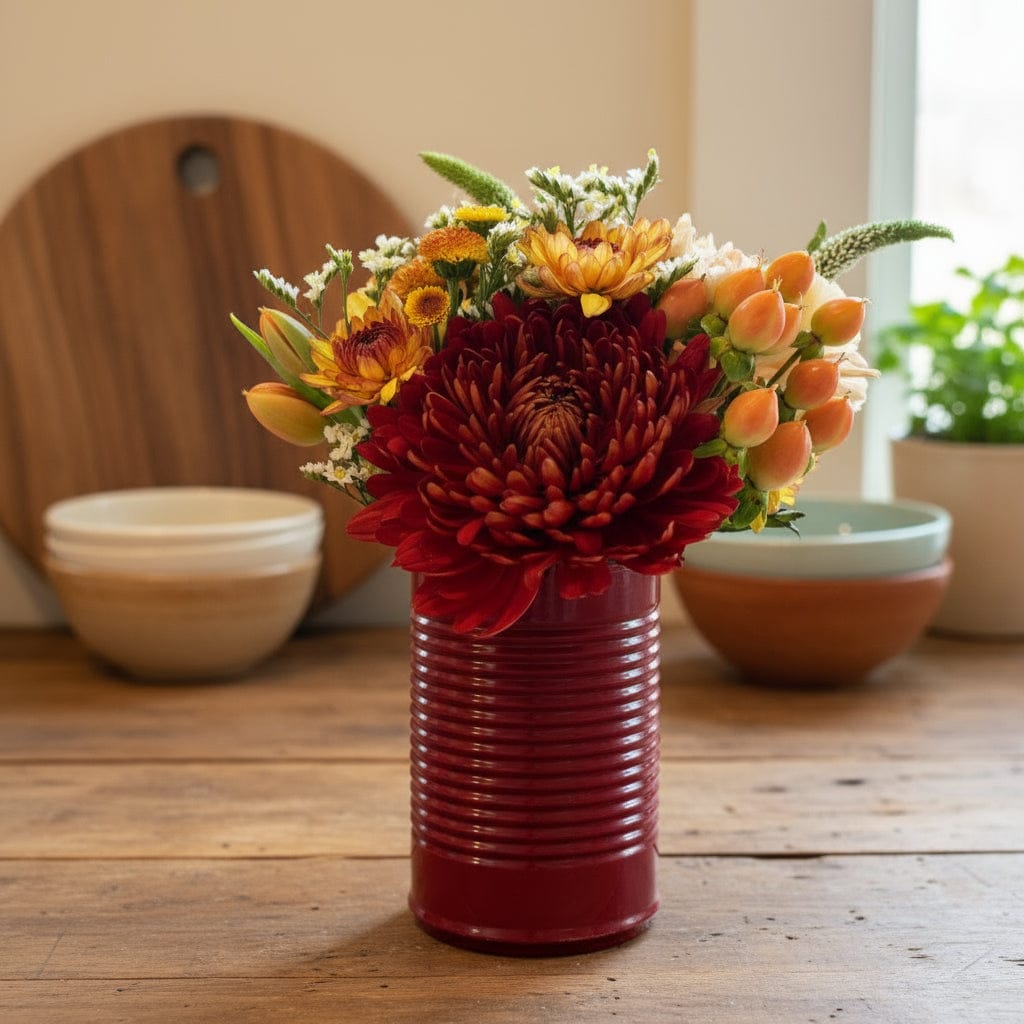 Colorful flower arrangement in a red cranberry sauce cup on a wooden countertop. Humorous hostess gift for the holidays.