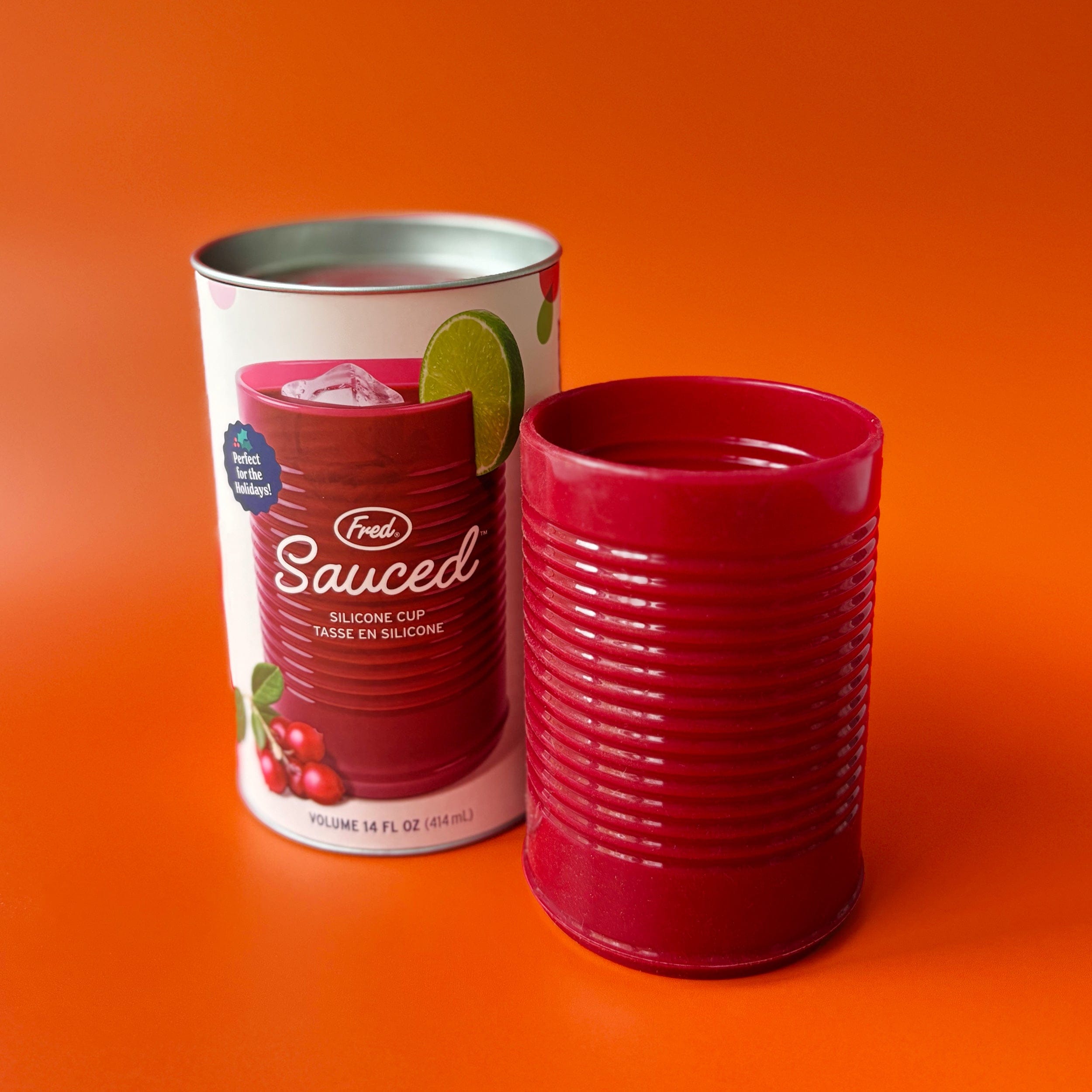 SAUCED cranberry silicone cup in gift-ready packaging — quirky holiday host or White Elephant gift.