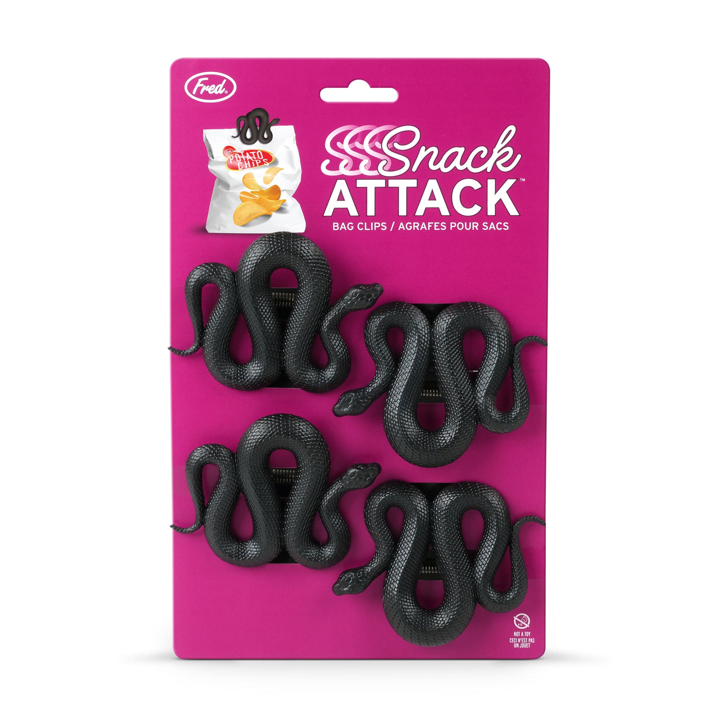 Packaging of black snake bag clips with 'Snack Attack' branding on a pink background
