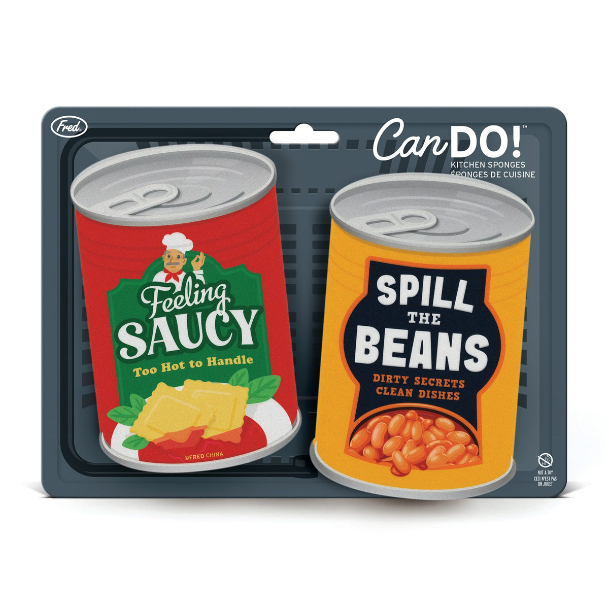 Close up of Can Do kitchen sponge package with Feeling Saucy and Spill the Beans cans