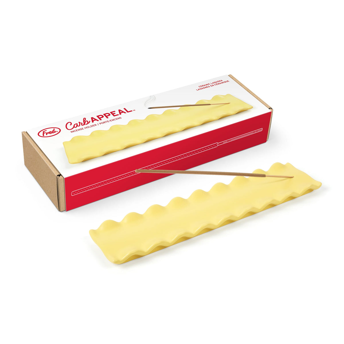 Carb Appeal packaging angled with a yellow wavy tray in front and a ceramic lasagna label on the box