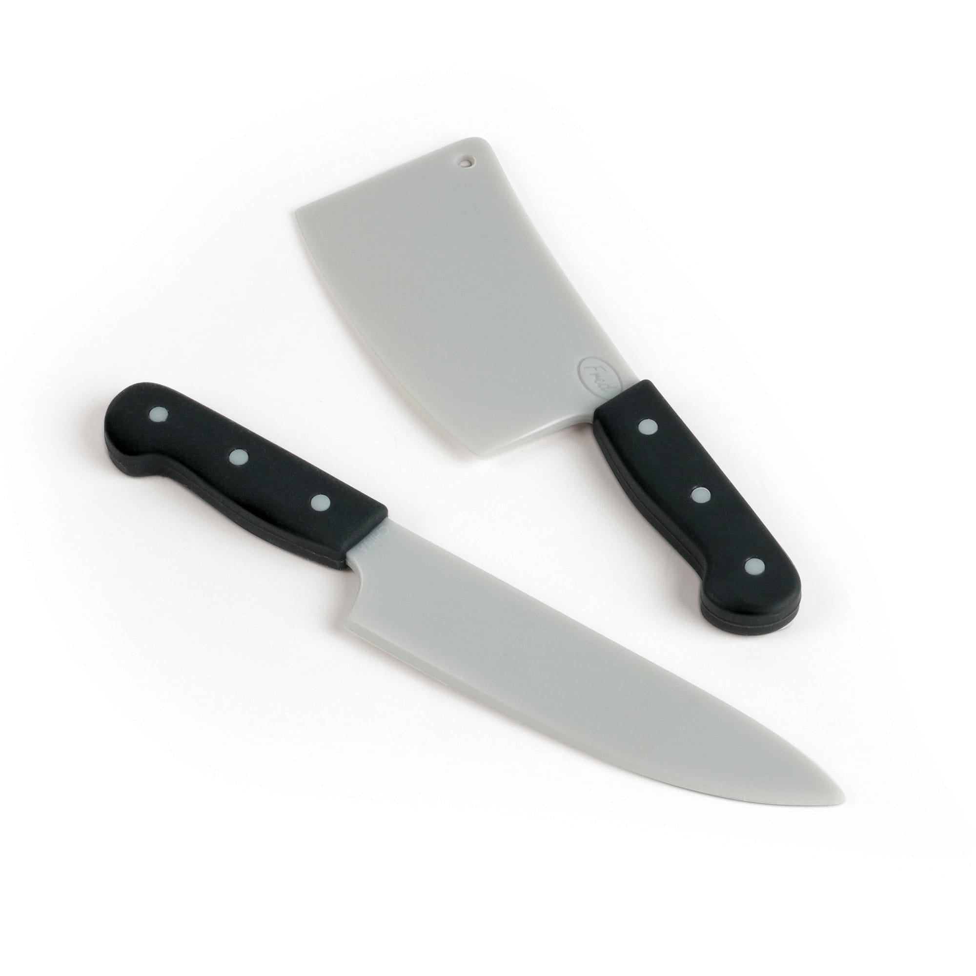 A kitchen knife and a cleaver-style butcher knife silicone bookmarks with black handles and silver blades, shown on a plain white background.

Great gift under $10 for home chefs, cooks, and cookbook lovers.