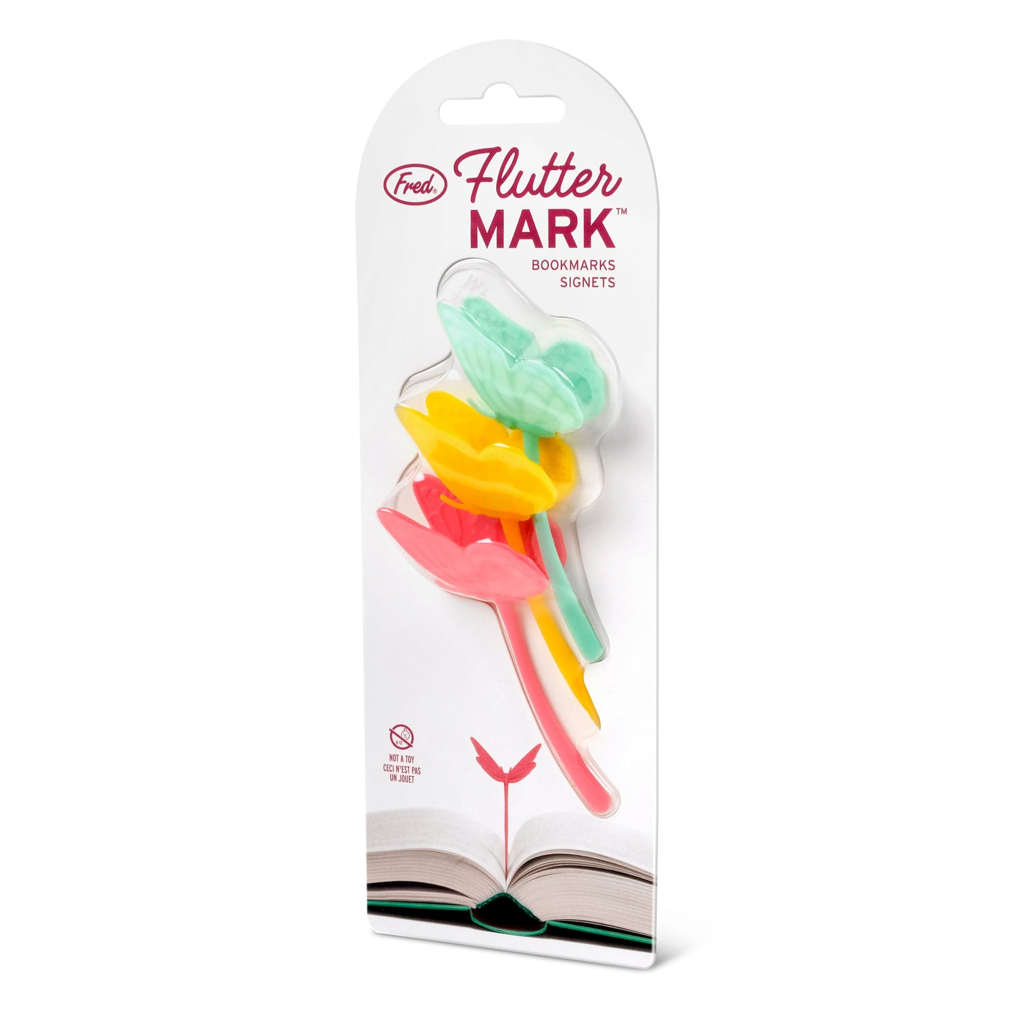 Packaged Fluttermark bookmarks with colorful butterfly designs on a white background