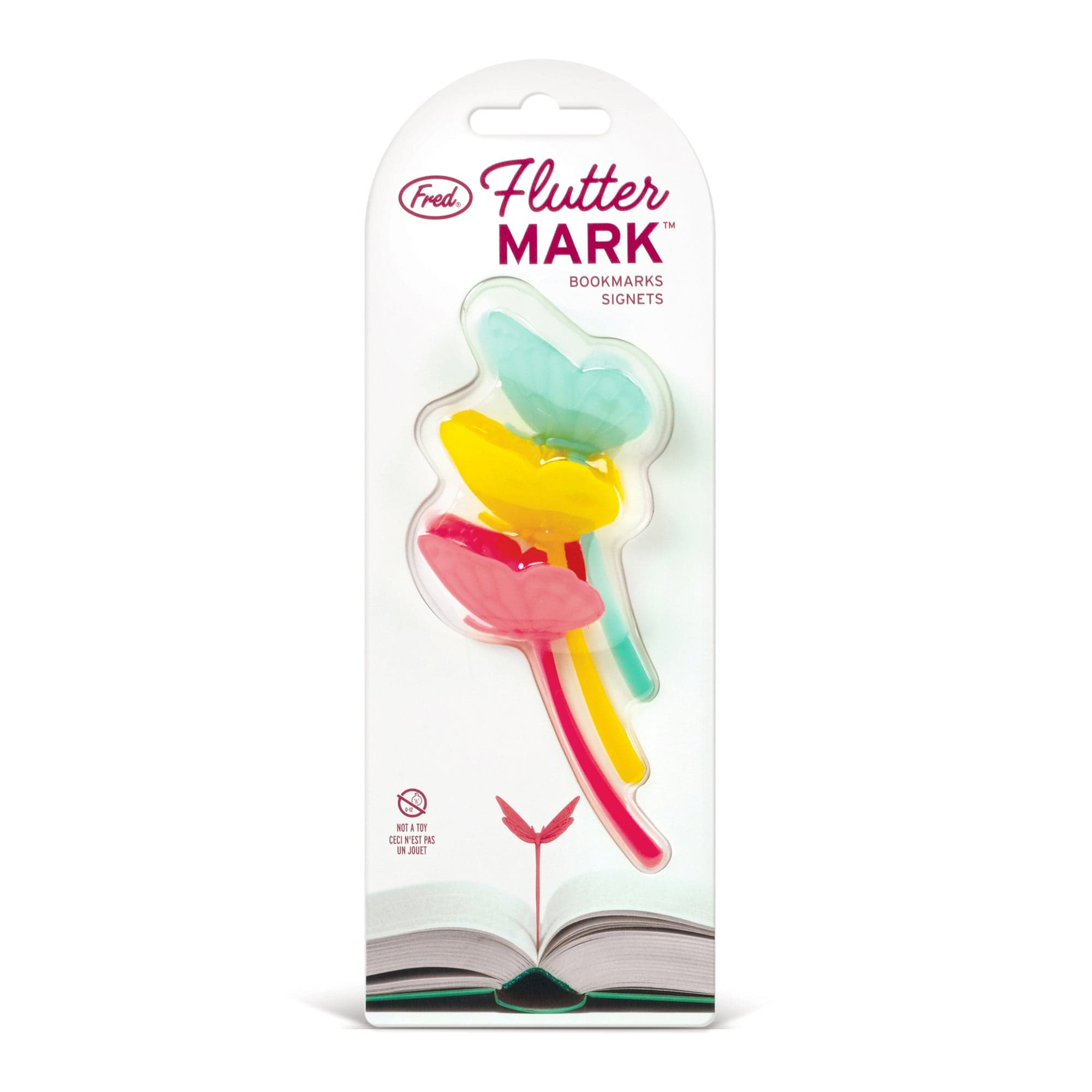 Packaged Fluttermark bookmarks with colorful butterfly designs on a white background