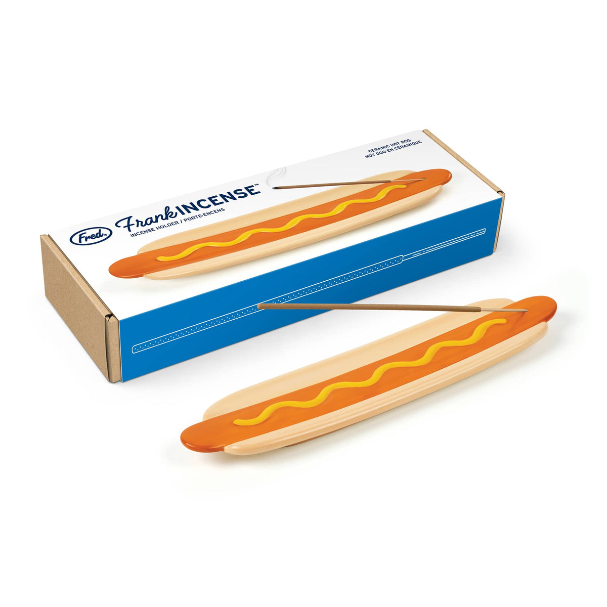 Frank INCENSE hot dog incense holder on its box packaging with orange glaze and yellow mustard swirl