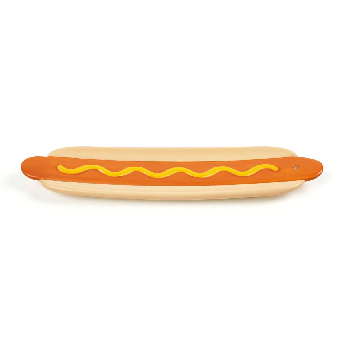 Hot dog shaped wooden board with orange glaze and yellow mustard squiggles