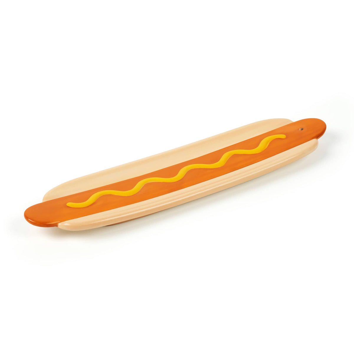 Close up of hot dog shaped wooden board with chopstick resting across it on a white background