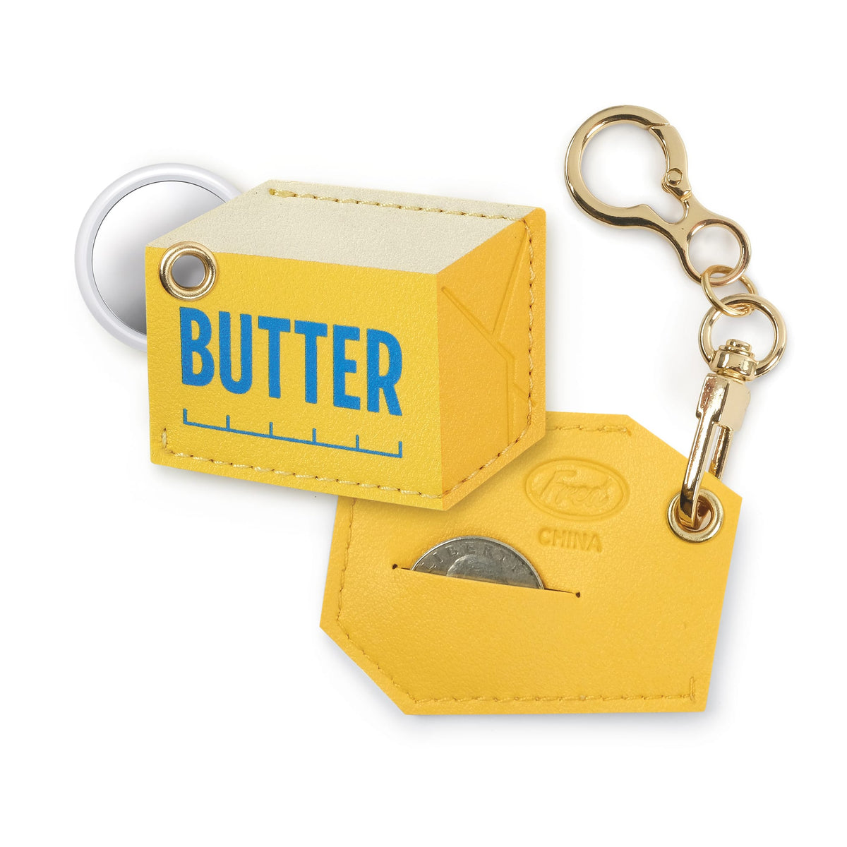 Butter bag charm highlighting the hidden AirTag® holder and emergency quarter slot, making it a practical and affordable holiday gift.